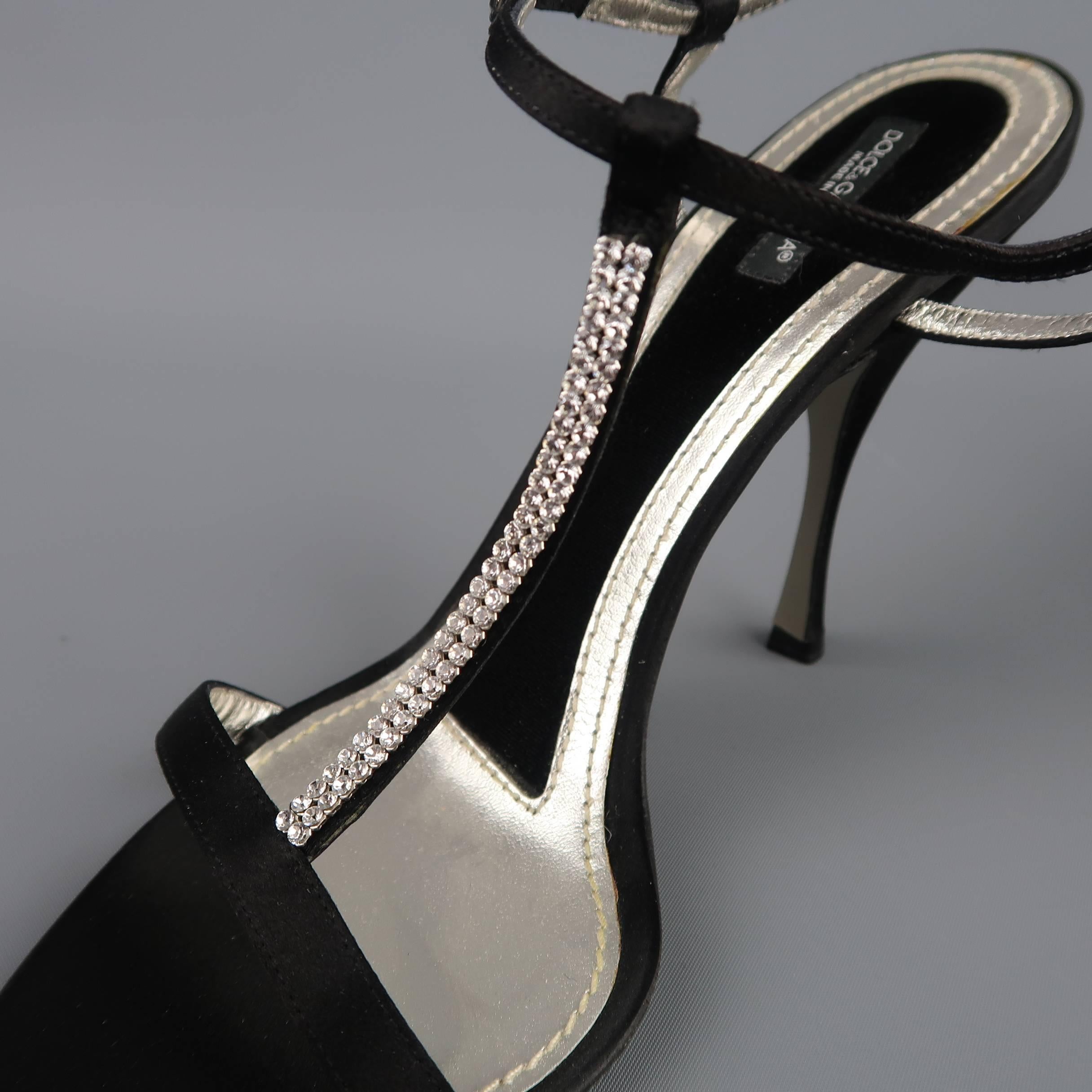 Women's DOLCE & GABBANA 10 Black Silk & Leather Rhinestone T Strap Ankle Harness Sandals