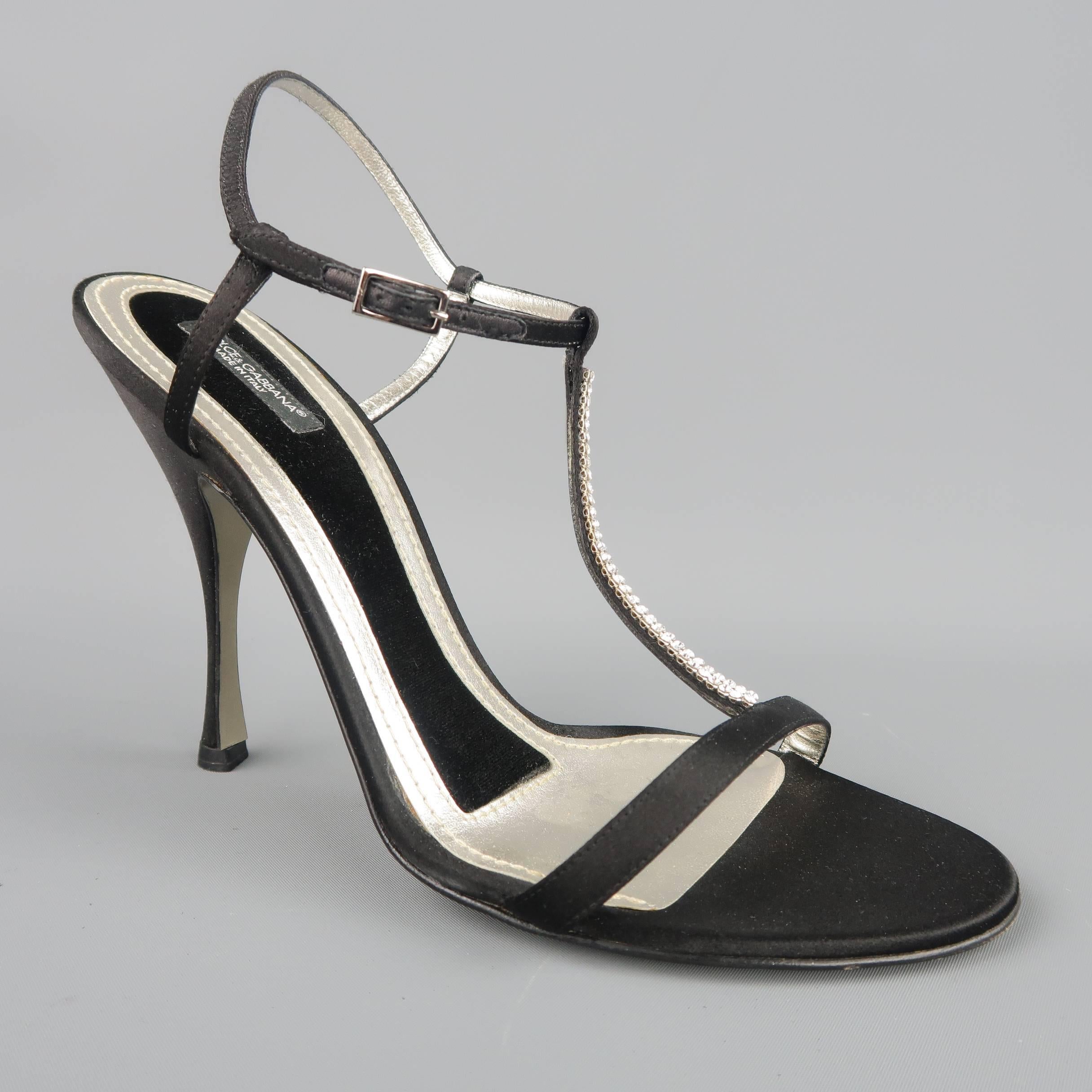 DOLCE & GABBANA 10 Black Silk & Leather Rhinestone T Strap Ankle Harness Sandals 1