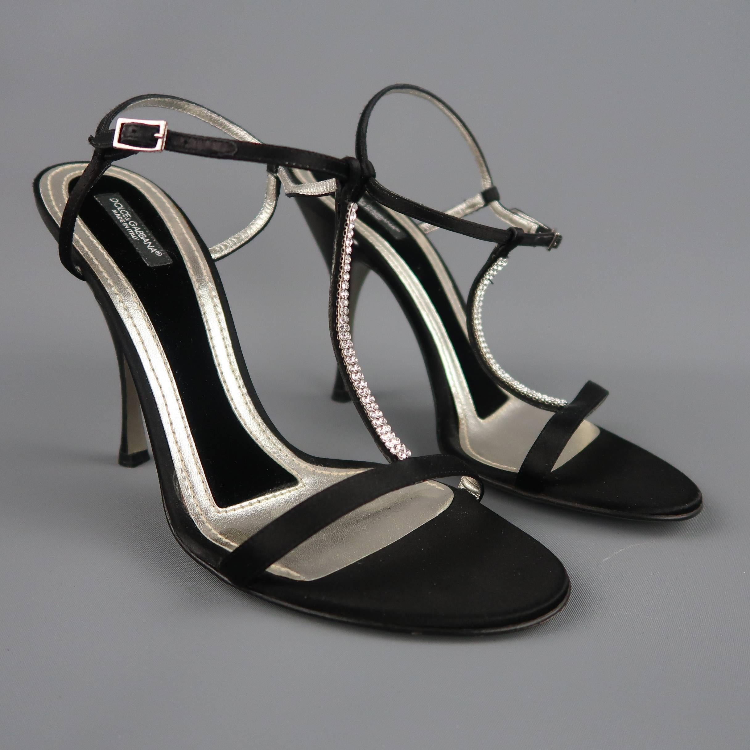 DOLCE & GABBANA 10 Black Silk & Leather Rhinestone T Strap Ankle Harness Sandals 2