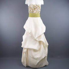 Monique Lhuillier Gown Dress Cream Gold Green Lace Bodice Bolero