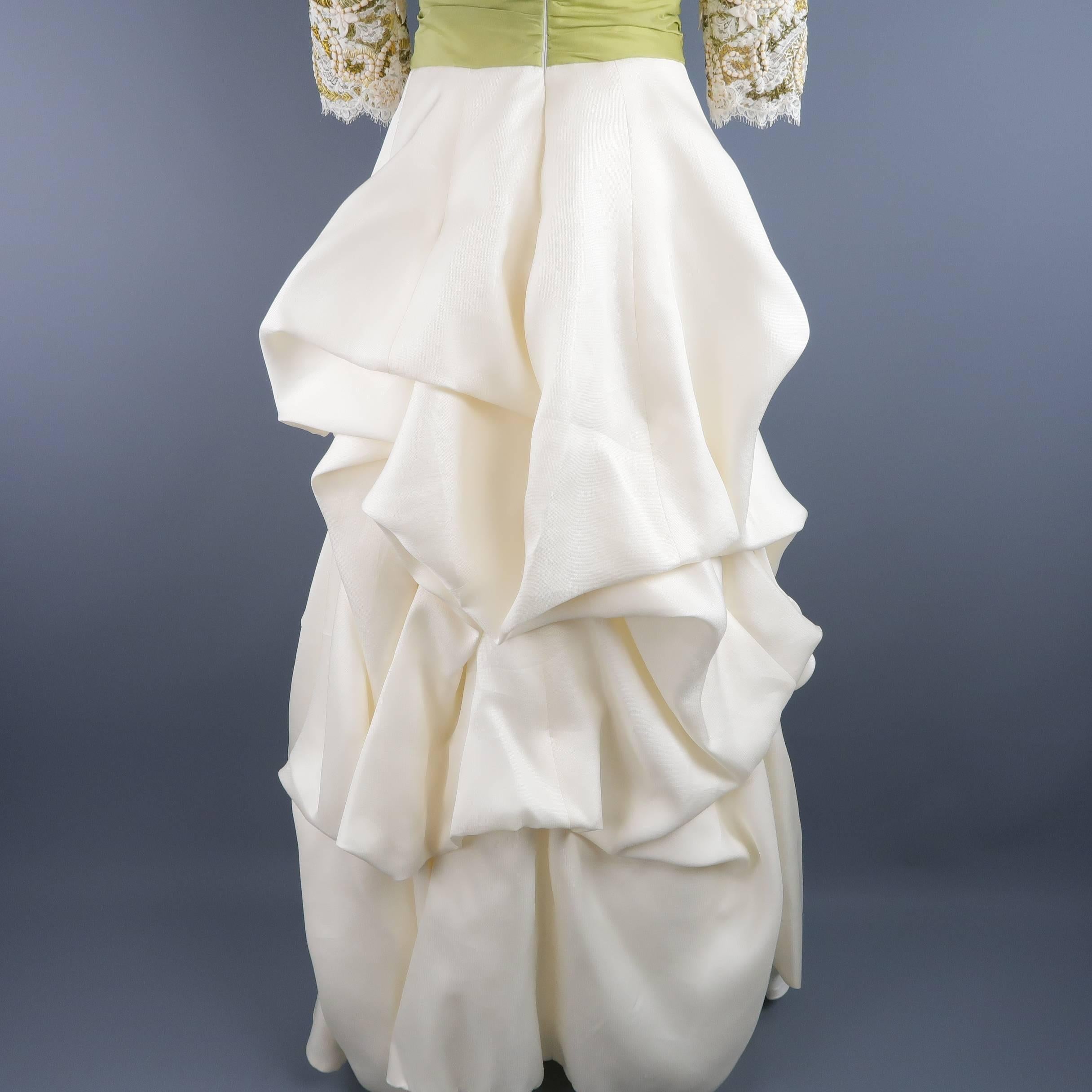 Monique Lhuillier Gown Dress Cream Gold Green Lace Bodice Bolero 2
