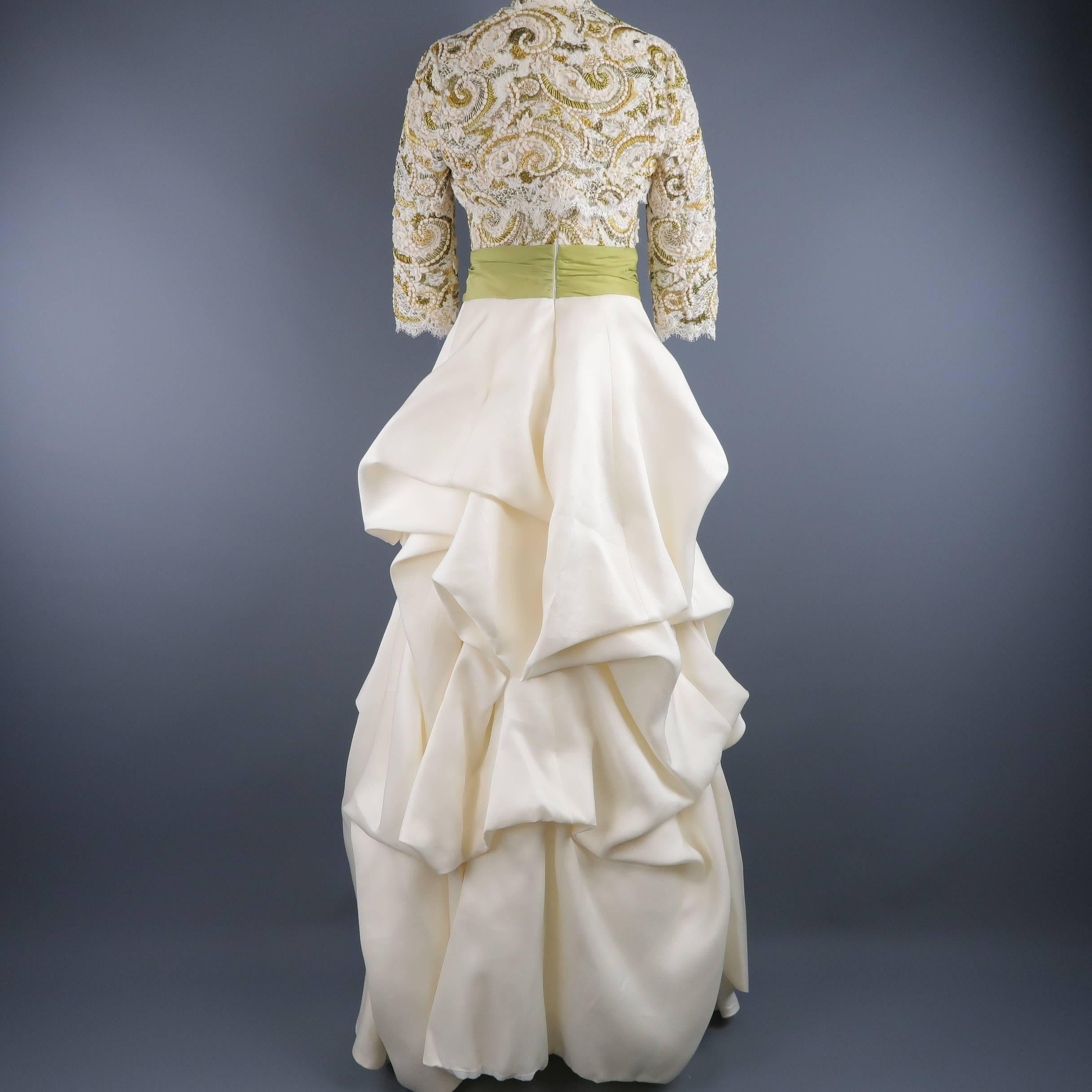 Monique Lhuillier Gown Dress Cream Gold Green Lace Bodice Bolero 1