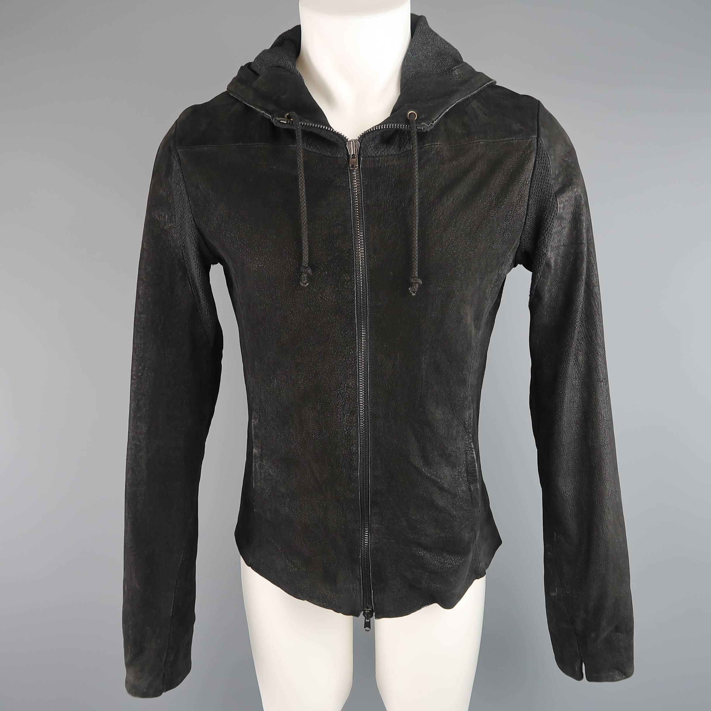 LOST & FOUND jacket comes in a distressed sueded textured goat leather and features a high neck with hood, double zip front, slit pockets, and knit panels. Made in Italy.
 
Good Pre-Owned Condition.
Marked: S
 
Measurements:
 
Shoulder: 17.5