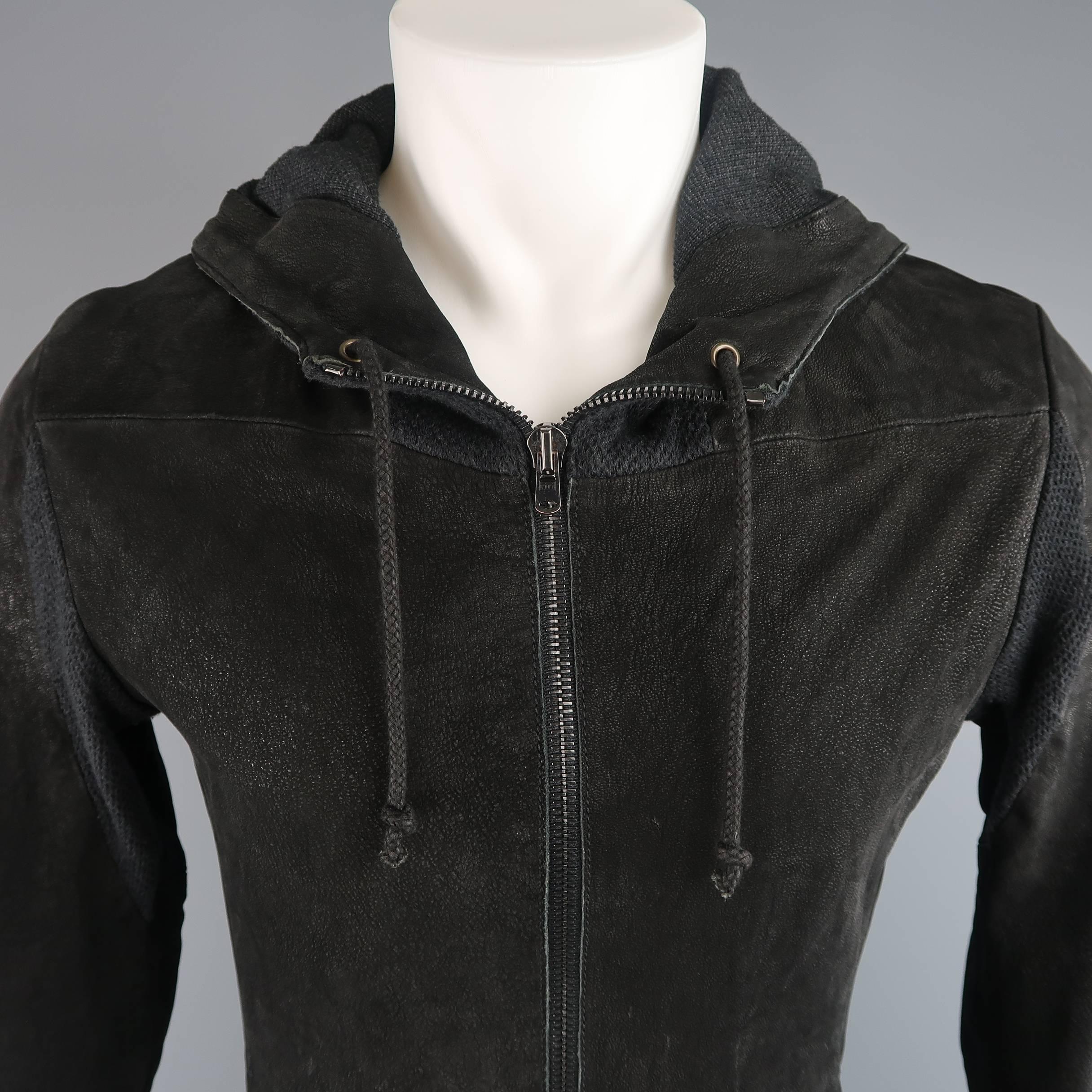 Men's LOST & FOUND S Black Sueded Goat Leather Hooded Jacket In Good Condition In San Francisco, CA