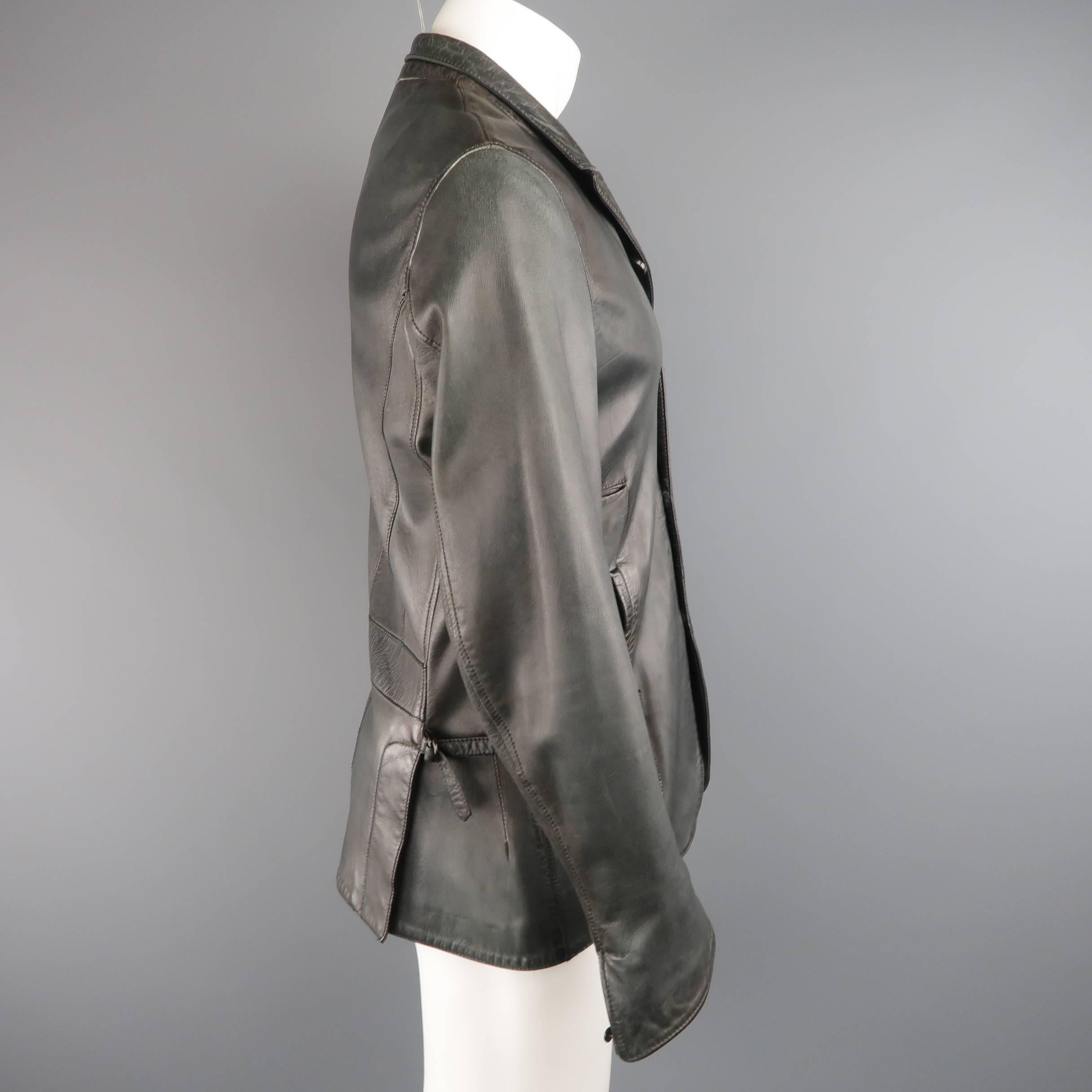 UN SOLO MONDO L Charcoal Distressed Leather Peak Lapel Jacket In Good Condition In San Francisco, CA