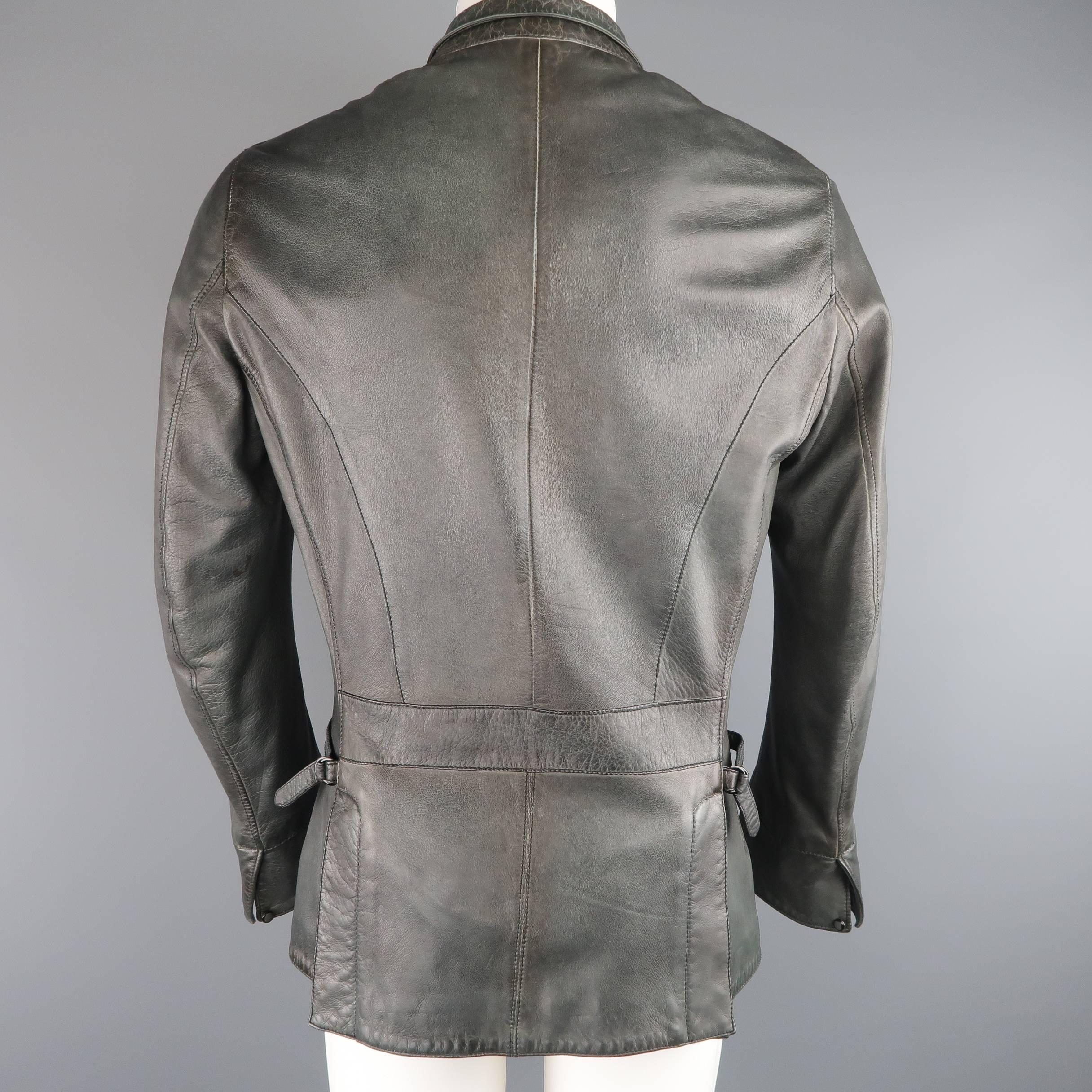 UN SOLO MONDO L Charcoal Distressed Leather Peak Lapel Jacket 1