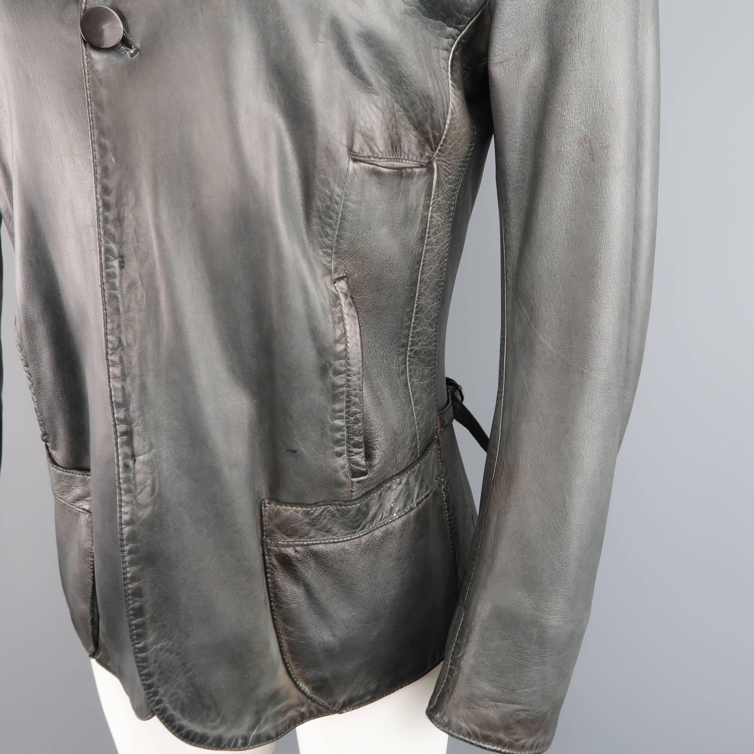Gray UN SOLO MONDO L Charcoal Distressed Leather Peak Lapel Jacket