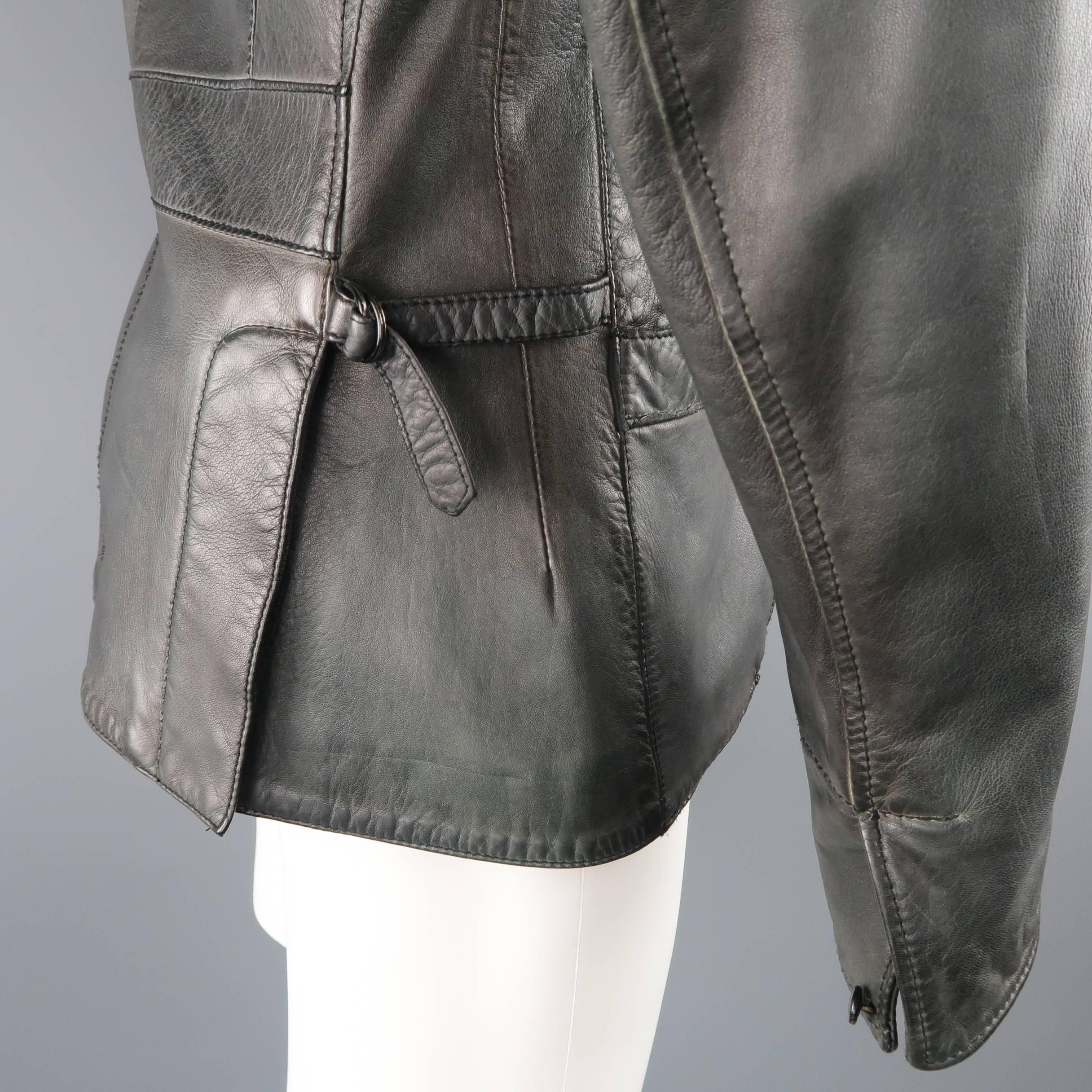 Men's UN SOLO MONDO L Charcoal Distressed Leather Peak Lapel Jacket