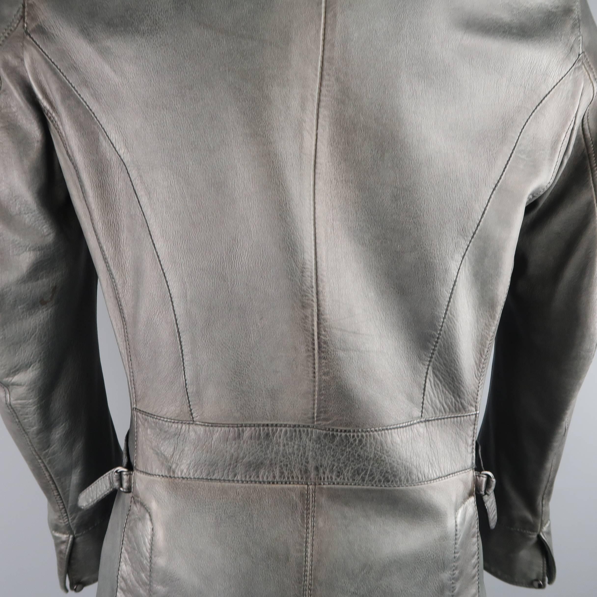 UN SOLO MONDO L Charcoal Distressed Leather Peak Lapel Jacket 2