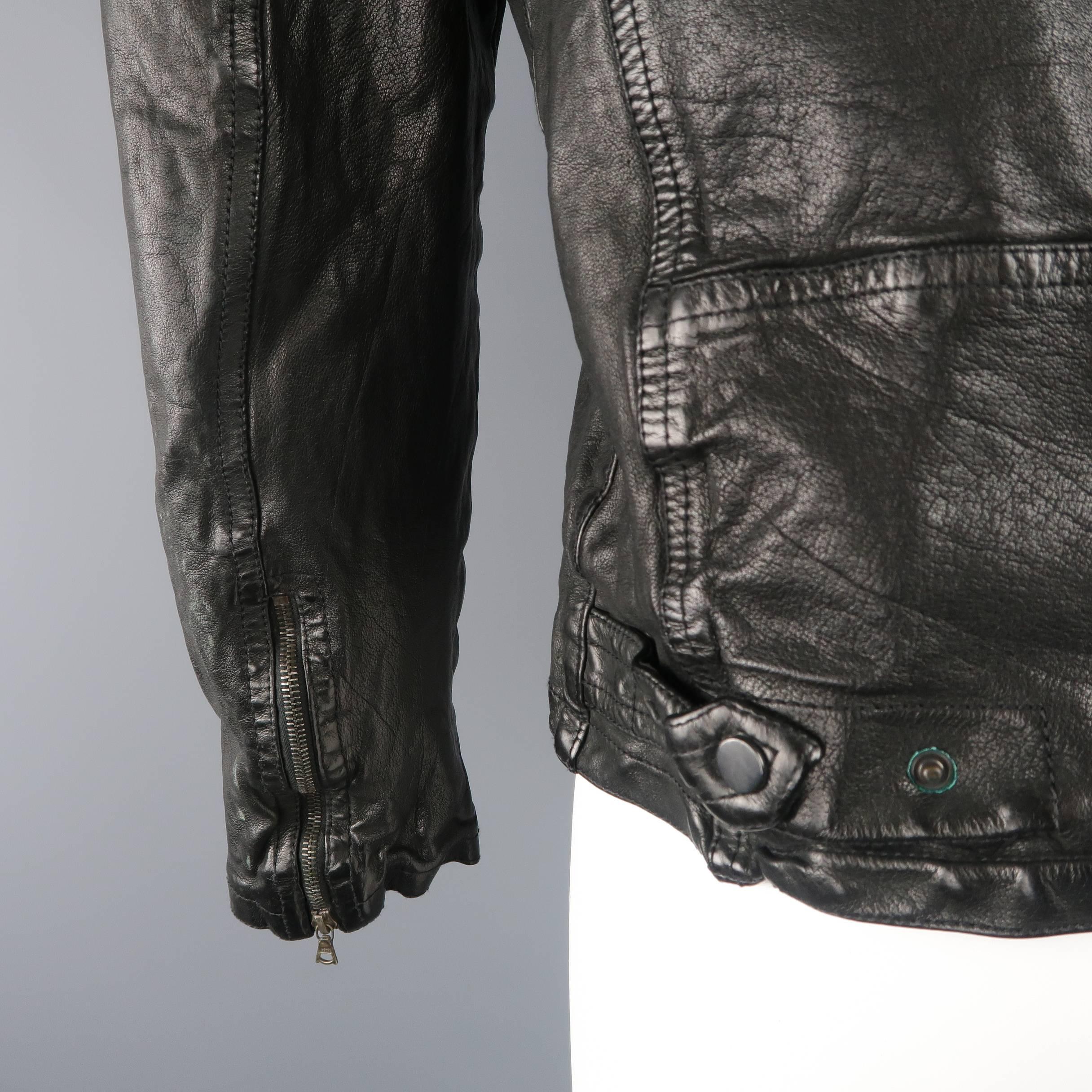 Men's NEIL BARRETT L Black Wrinkled Distressed Buffalo Leather Biker Jacket 2