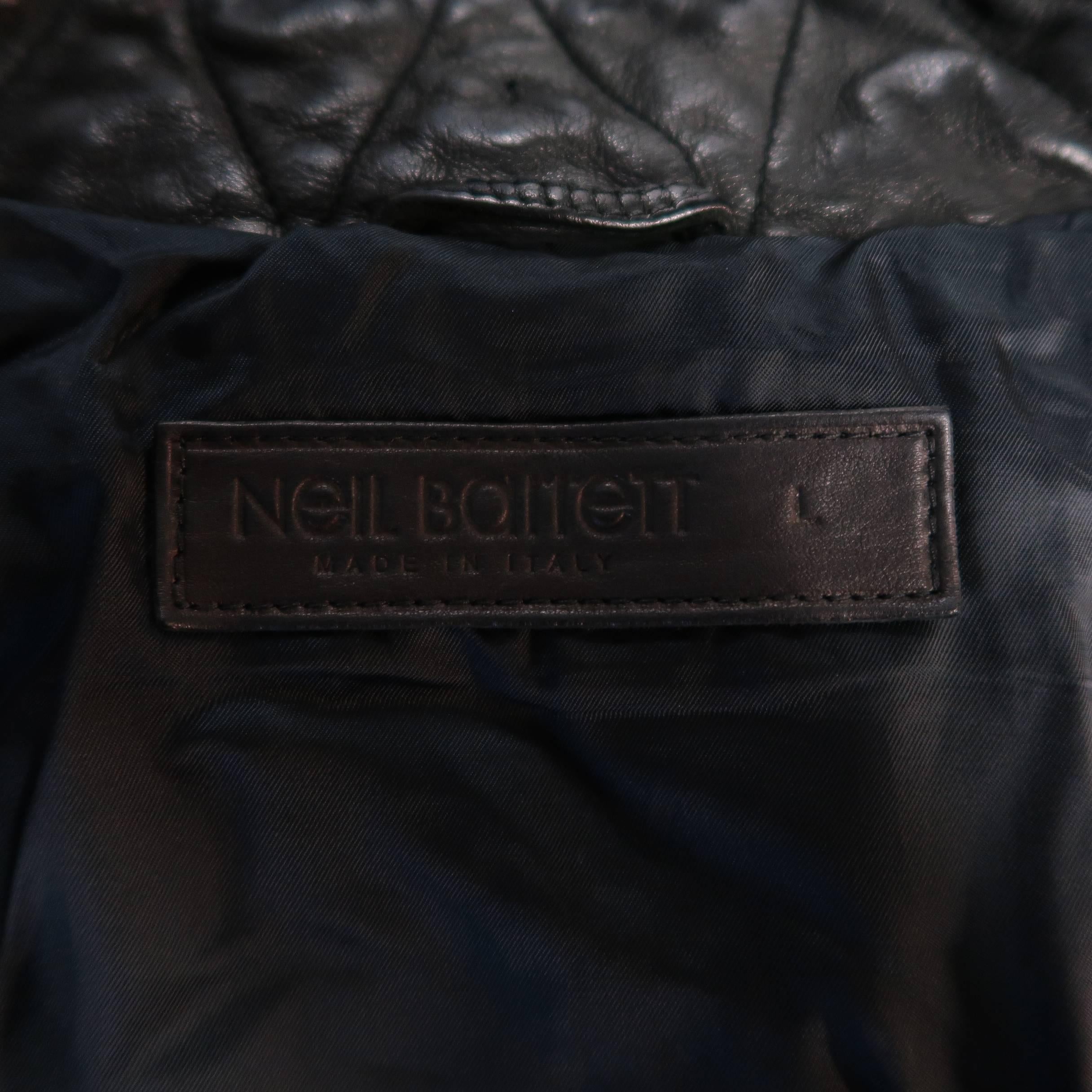 Men's NEIL BARRETT L Black Wrinkled Leather High Collar Racing Jacket 6