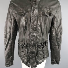 Men's NEIL BARRETT L Black Wrinkled Leather High Collar Racing Jacket
