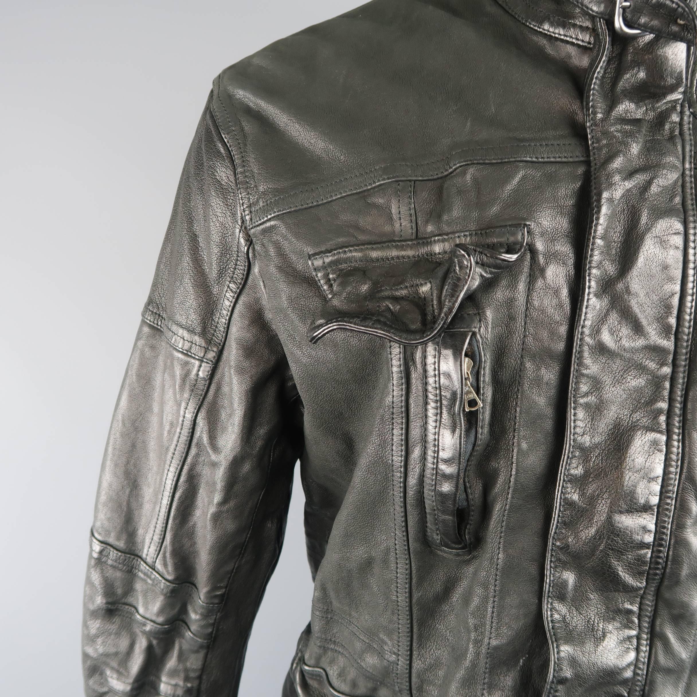 Men's NEIL BARRETT L Black Wrinkled Leather High Collar Racing Jacket In Excellent Condition In San Francisco, CA