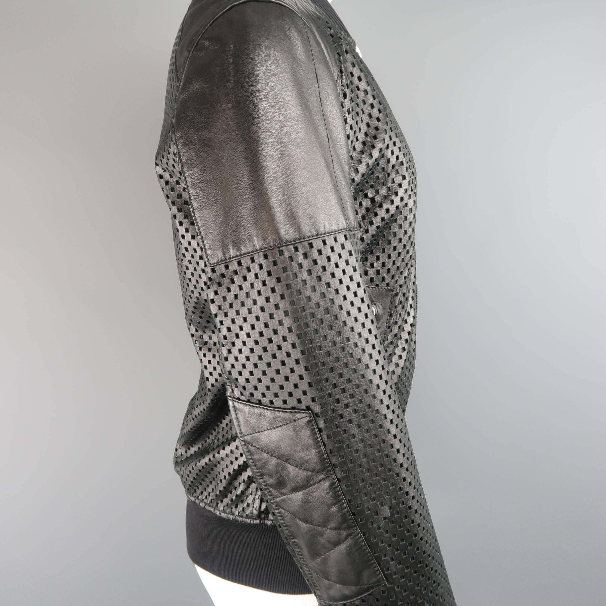 Men's DOLCE & GABBANA 40 Black Checkered Perforated Leather Baseball Jacket 2