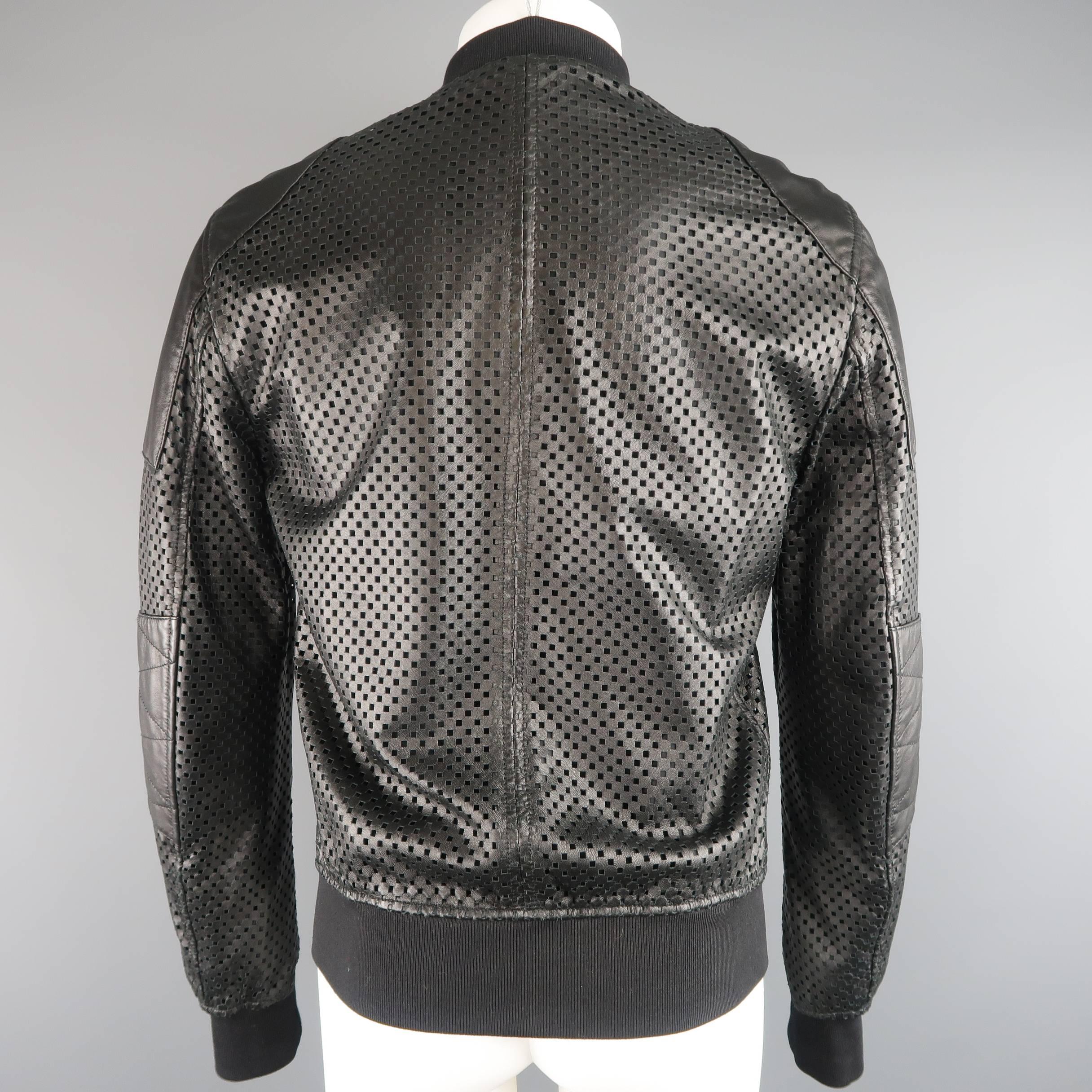 Men's DOLCE & GABBANA 40 Black Checkered Perforated Leather Baseball Jacket 3