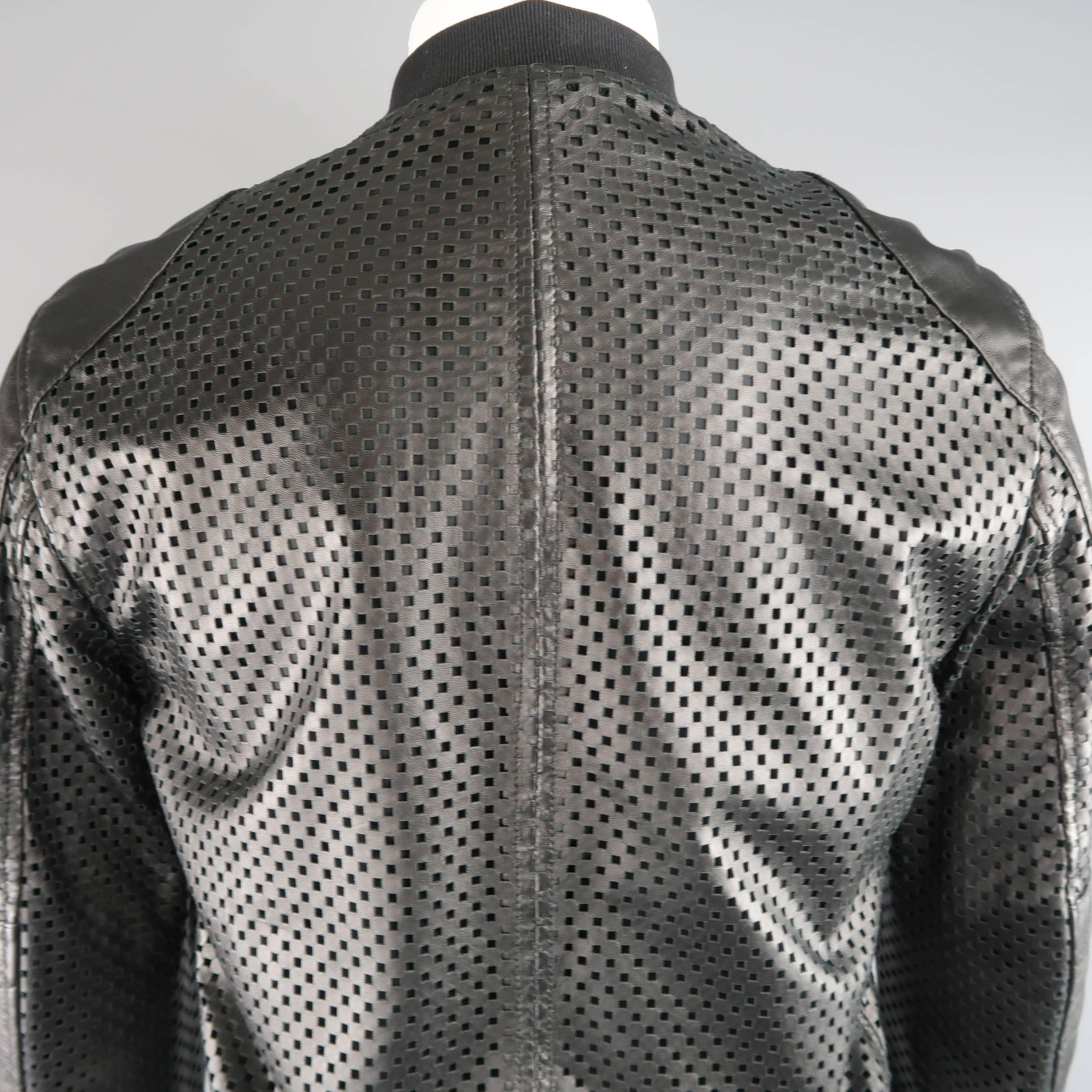 Men's DOLCE & GABBANA 40 Black Checkered Perforated Leather Baseball Jacket 4