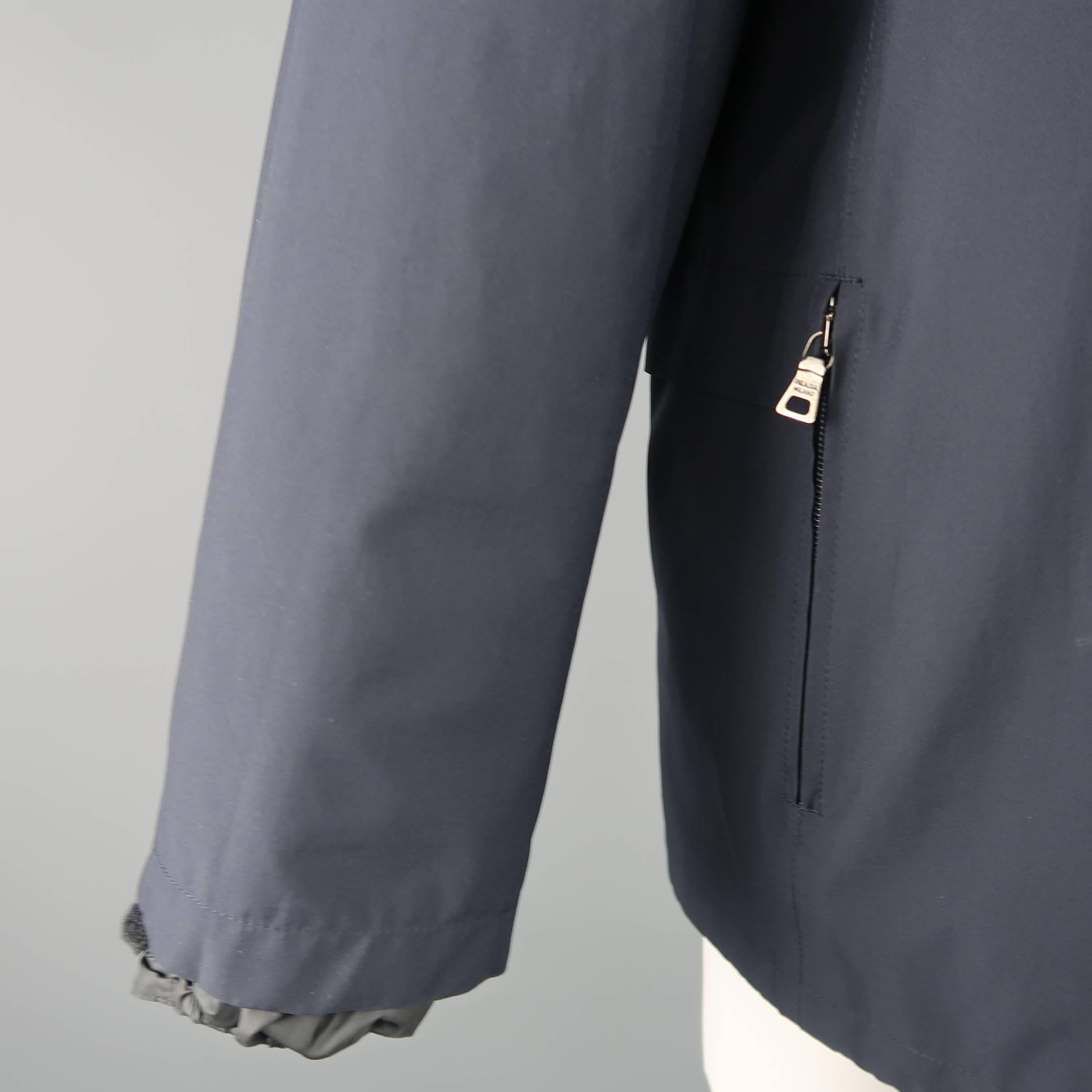 Women's or Men's Men's PRADA 40 Navy Nylon Hooded Zip Pocket Overcoat