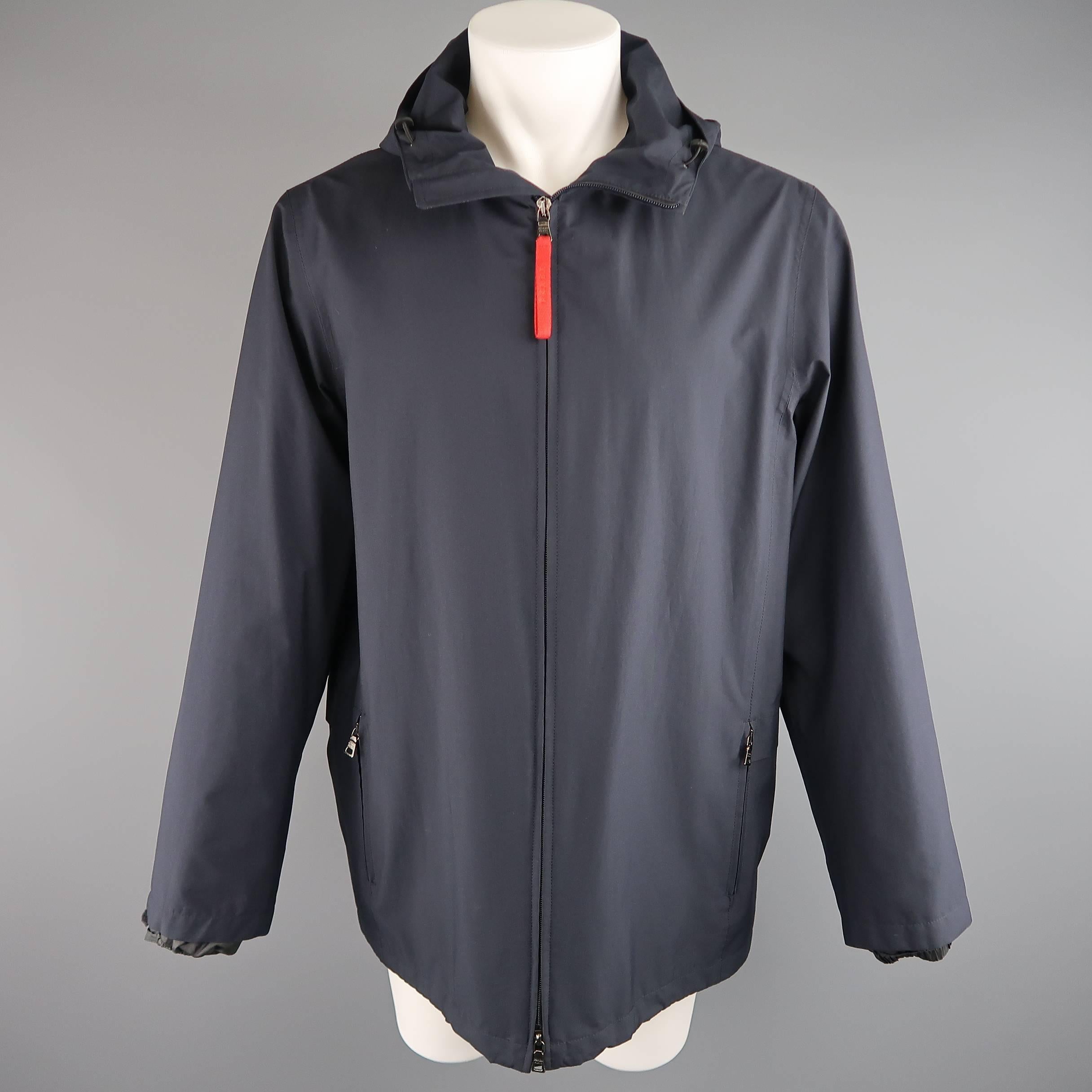 Black Men's PRADA 40 Navy Nylon Hooded Zip Pocket Overcoat