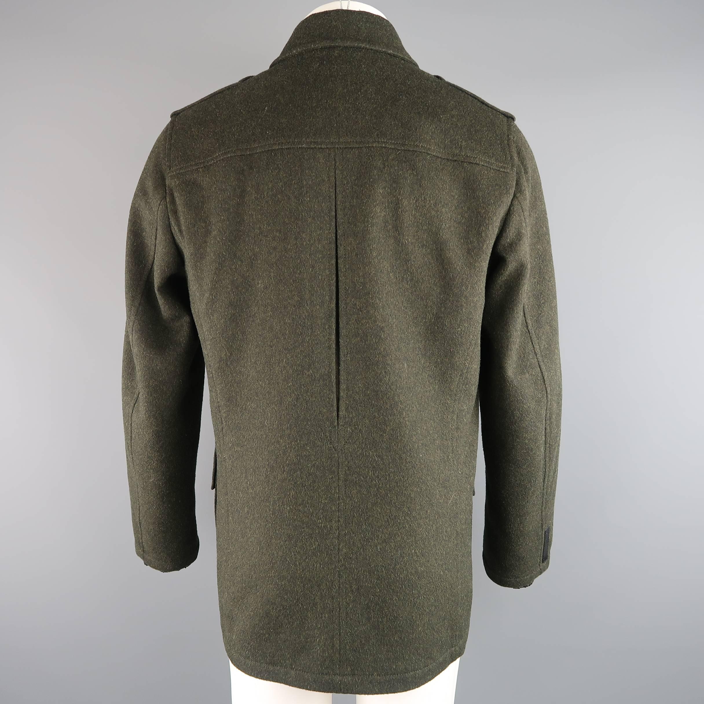 Men's PRADA 40 Heather Green Wool Collared Military Pea Coat Jacket In Excellent Condition In San Francisco, CA