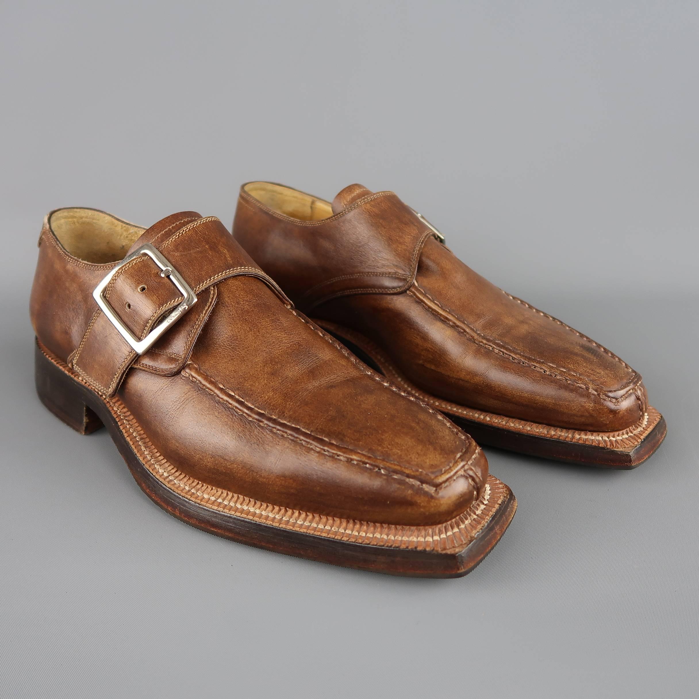 STEFANO BRANCHINI Size 9 Brown Distressed Leather Square Toe Monk Strap Loafers In Good Condition In San Francisco, CA