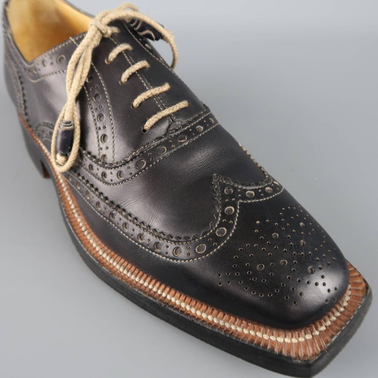 Men's STEFANO BRANCHINI Size 9 Navy Perforated Leather Square Toe Brogues  For Sale at 1stDibs