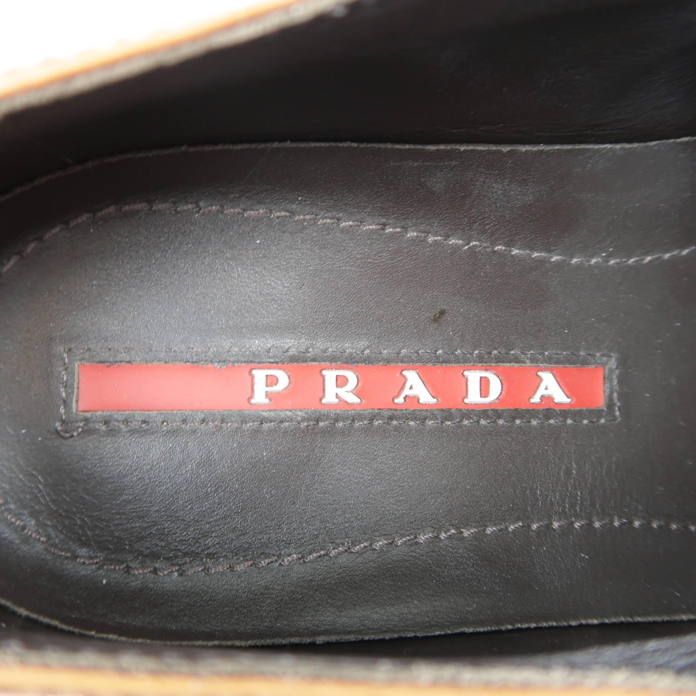 PRADA Size 7 Tan Leather Orange & White Striped Platform Sole Lace Up Brogues 2