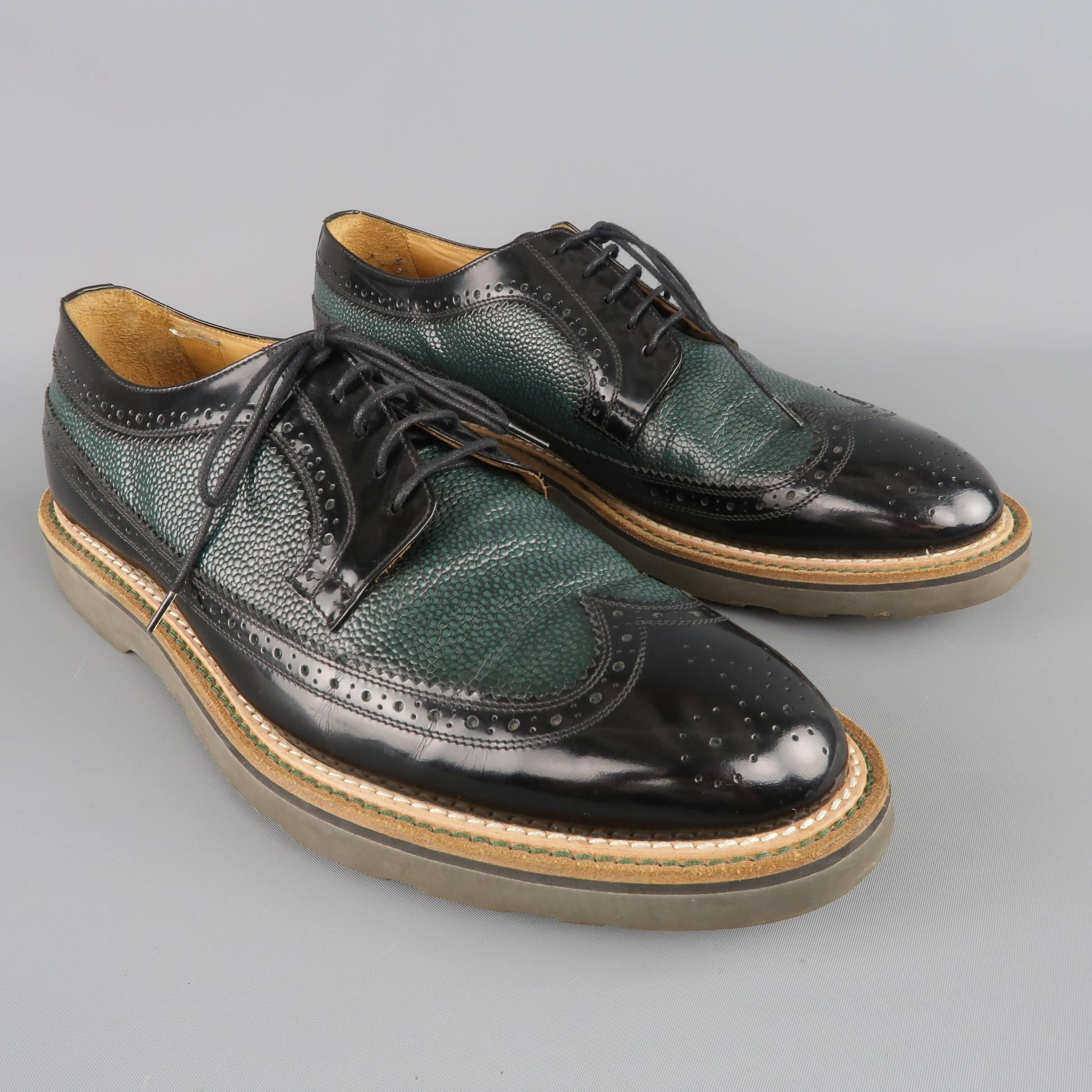 Gray PAUL SMITH Size 10 Green & Black Perforated & Pebbled Leather Wingtip Lace Up