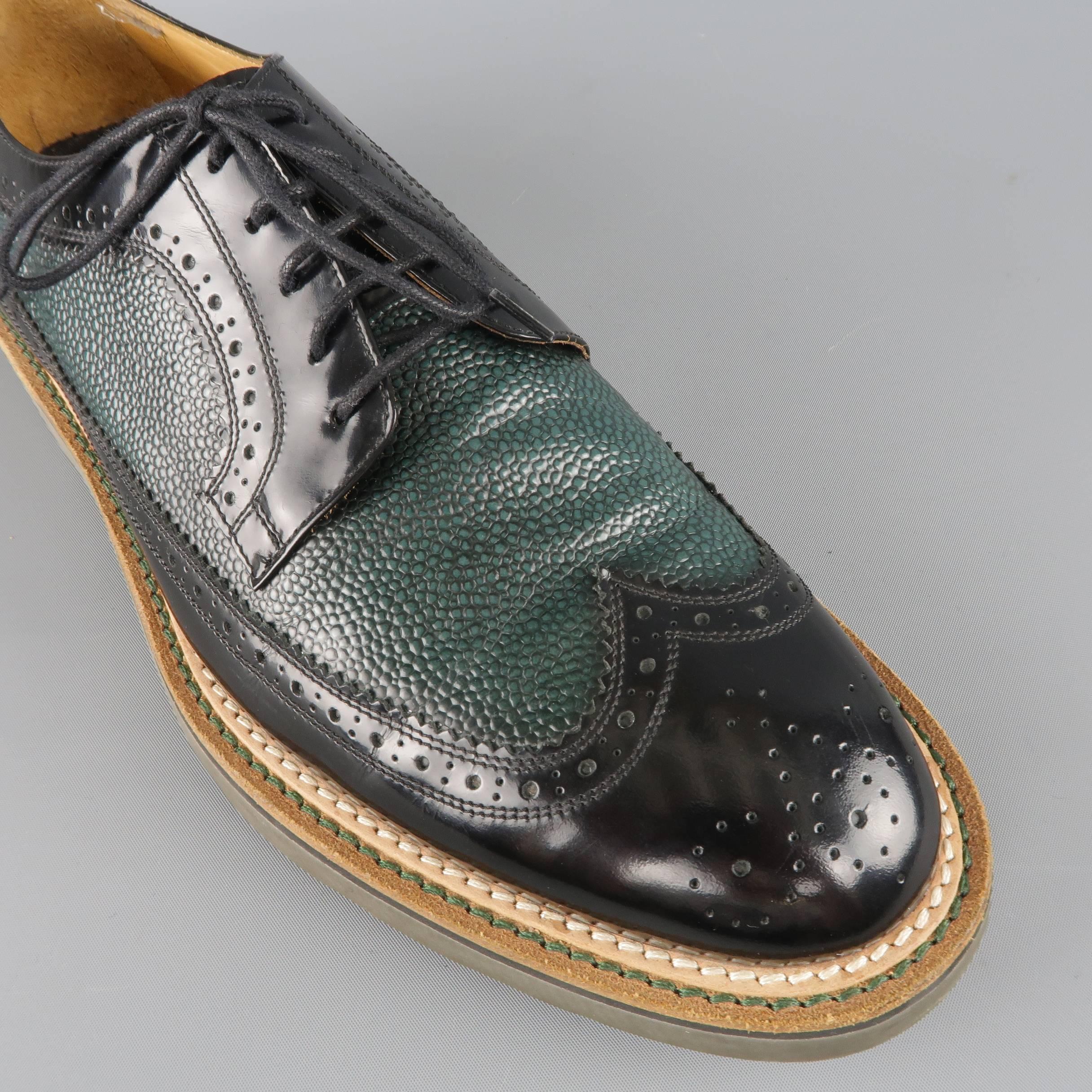 Men's PAUL SMITH Size 10 Green & Black Perforated & Pebbled Leather Wingtip Lace Up