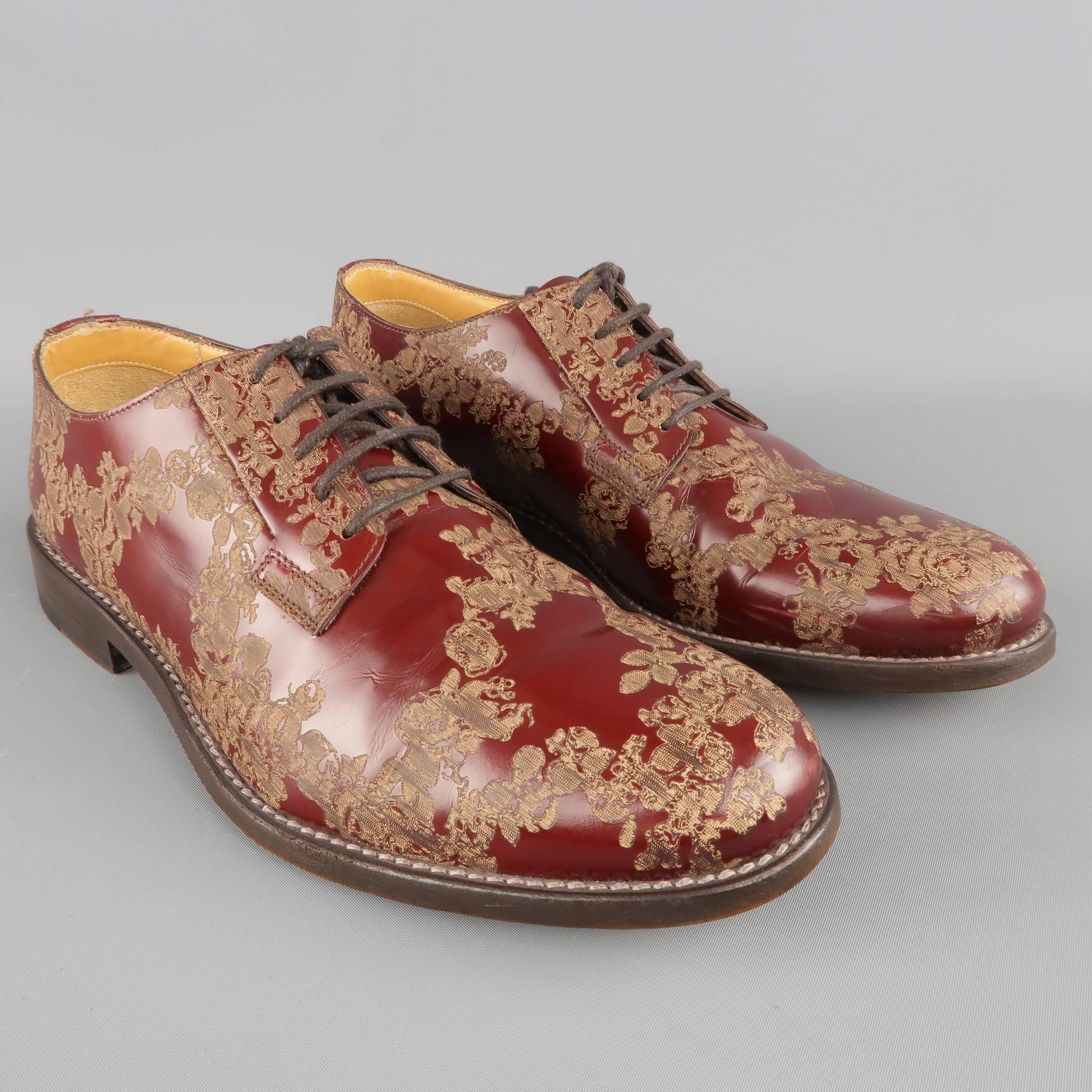 Men's MARC JACOBS Size 7 Burgundy & Beige Floral Leather Lace Up Derbys In Fair Condition In San Francisco, CA