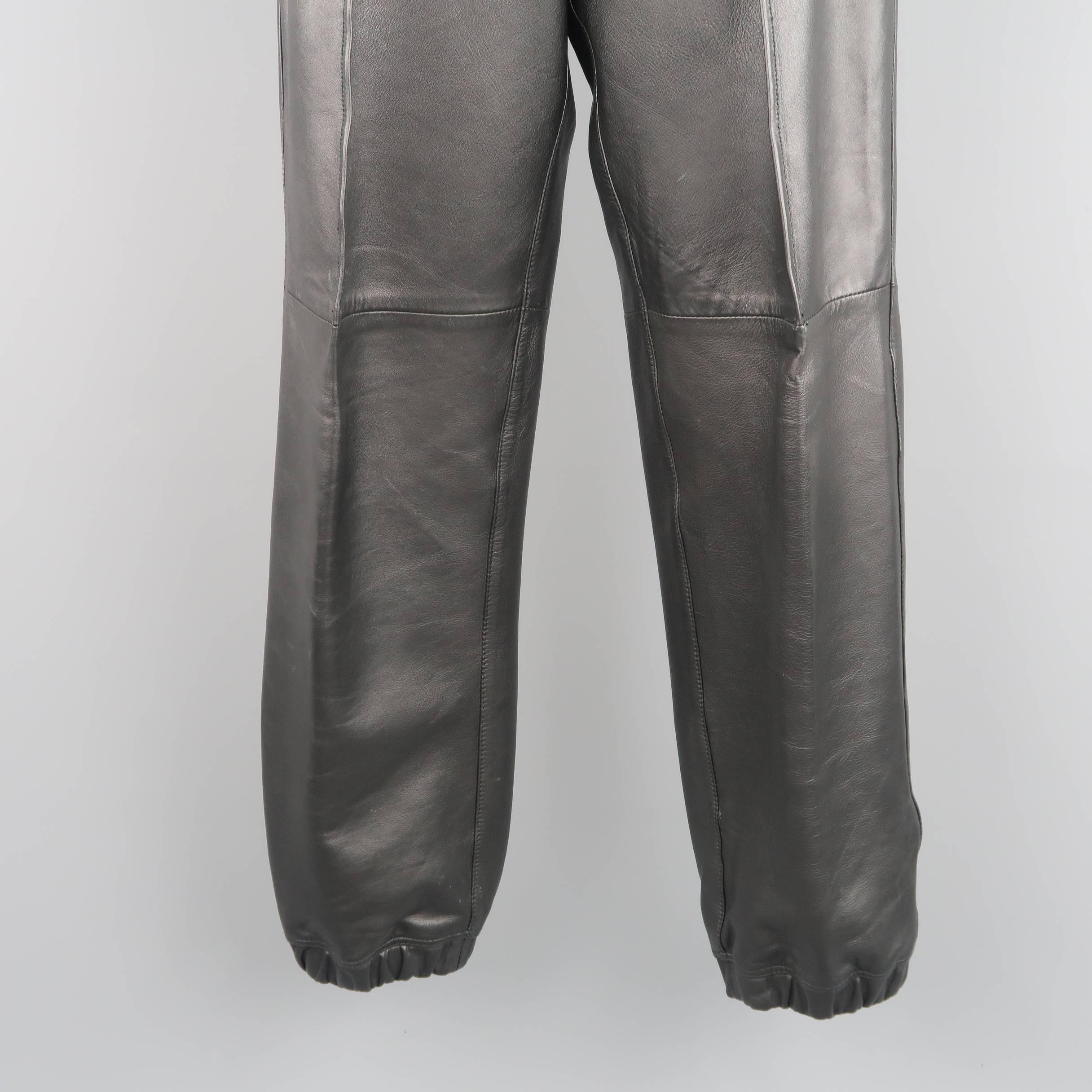 Men's LOT78 Size M Black Leather Drawstring Waist Front Seam Joggers In Good Condition In San Francisco, CA