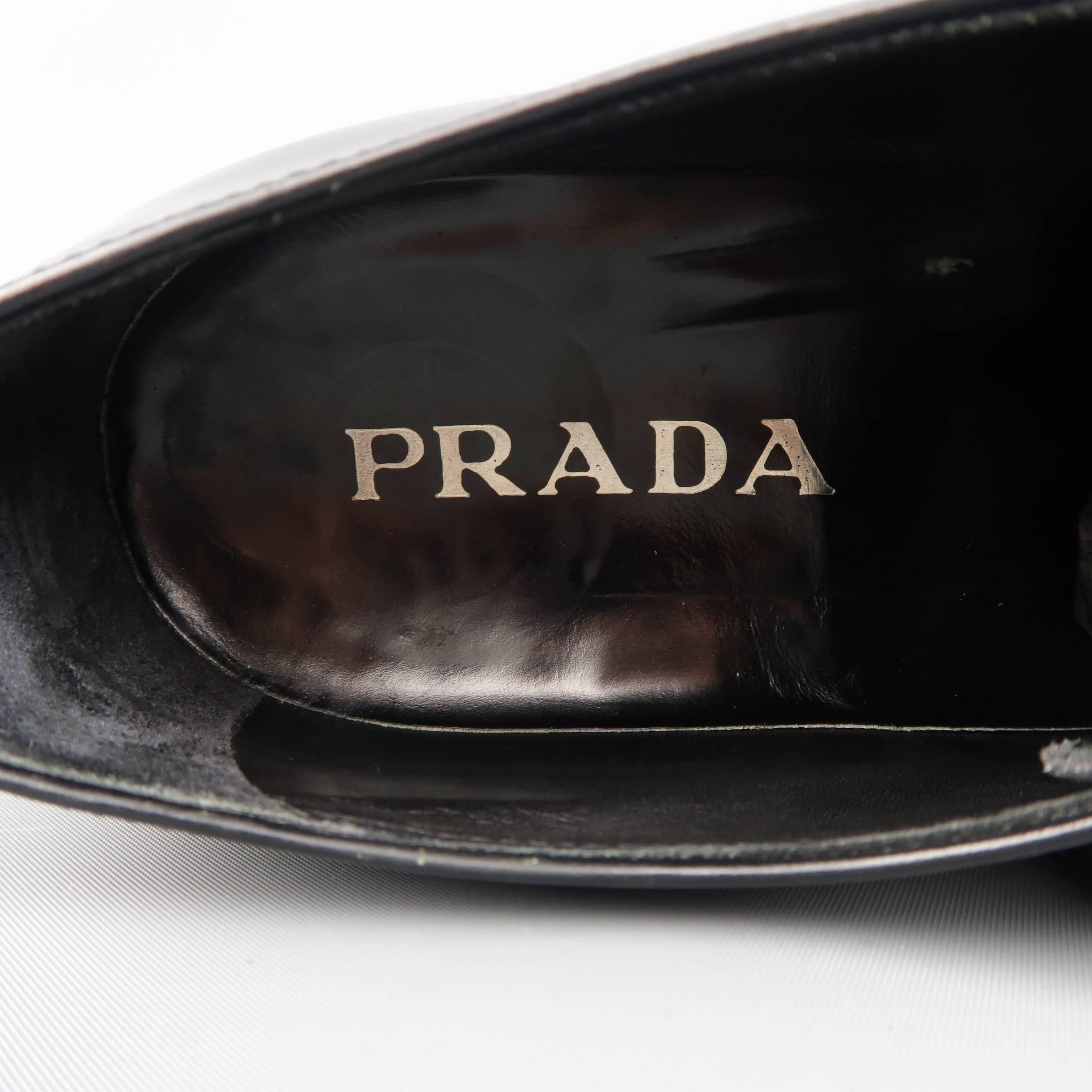 Men's PRADA Size 8 Black Patent Leather Squared Toe Single Monk Strap Loafers 1
