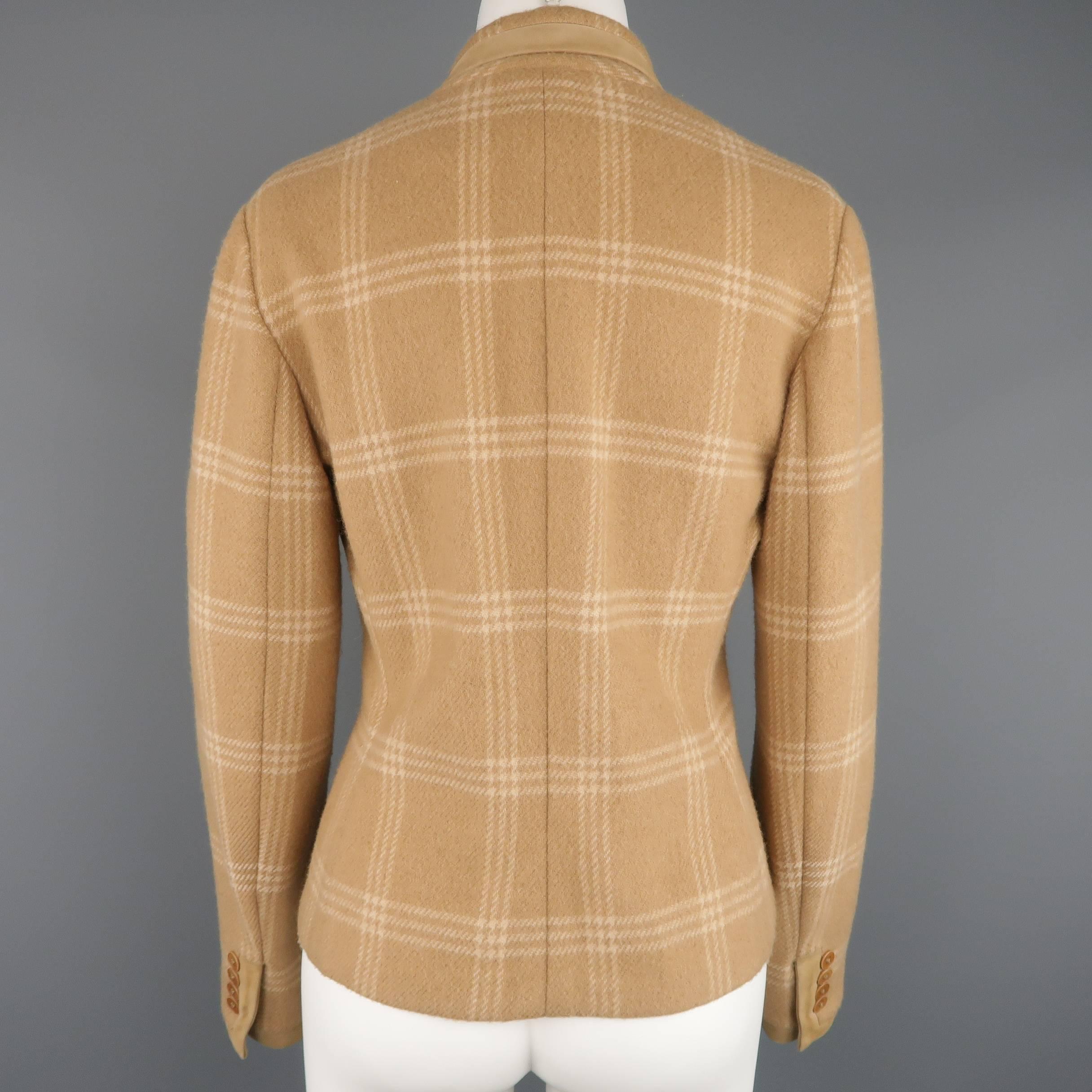 Brown RALPH LAUREN COLLECTION Size 8 Plaid Camel Wool Suede Trim Jacket For Sale