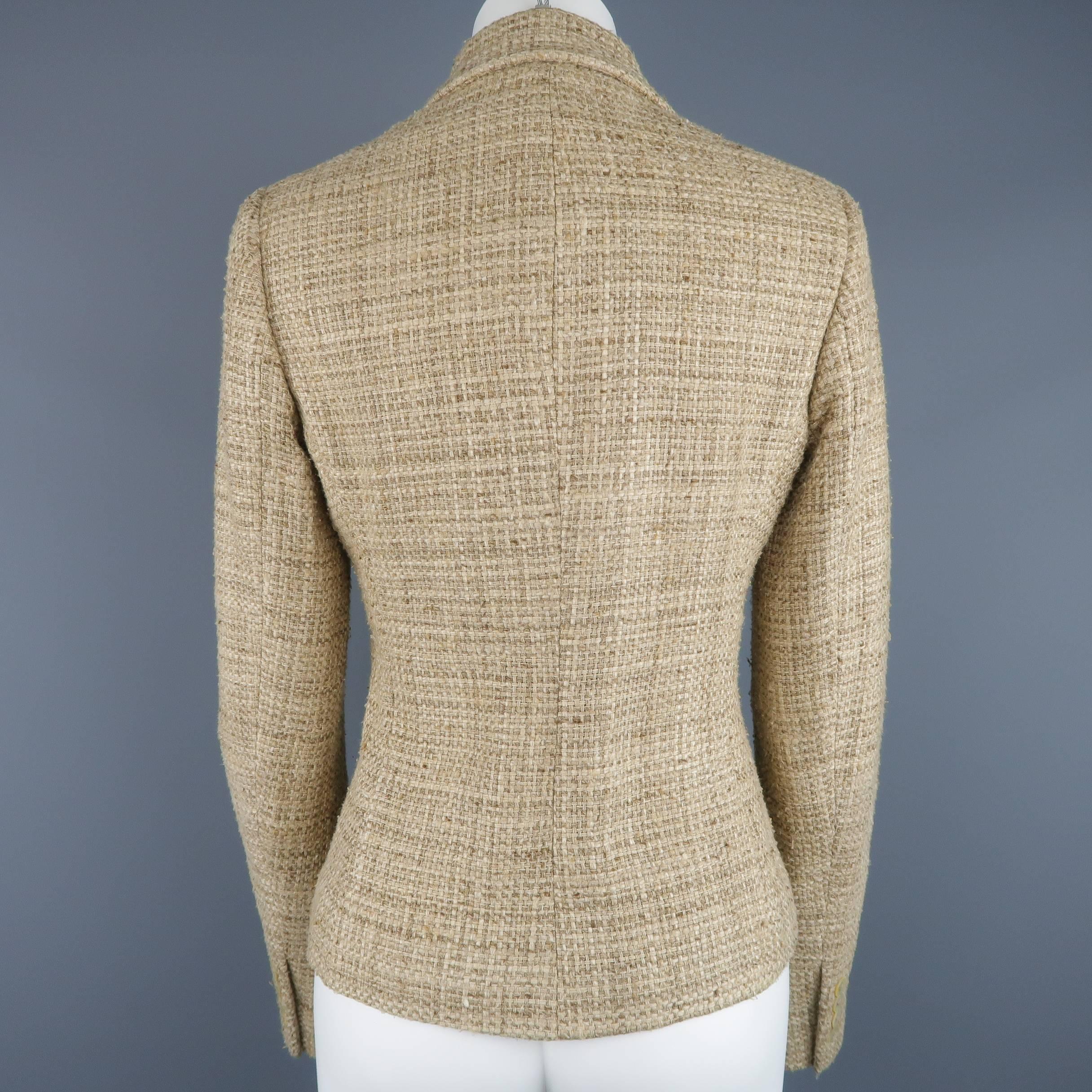 Women's RALPH LAUREN Size 8 Beige Woven Silk Tweed Double Breasted Cropped Jacket