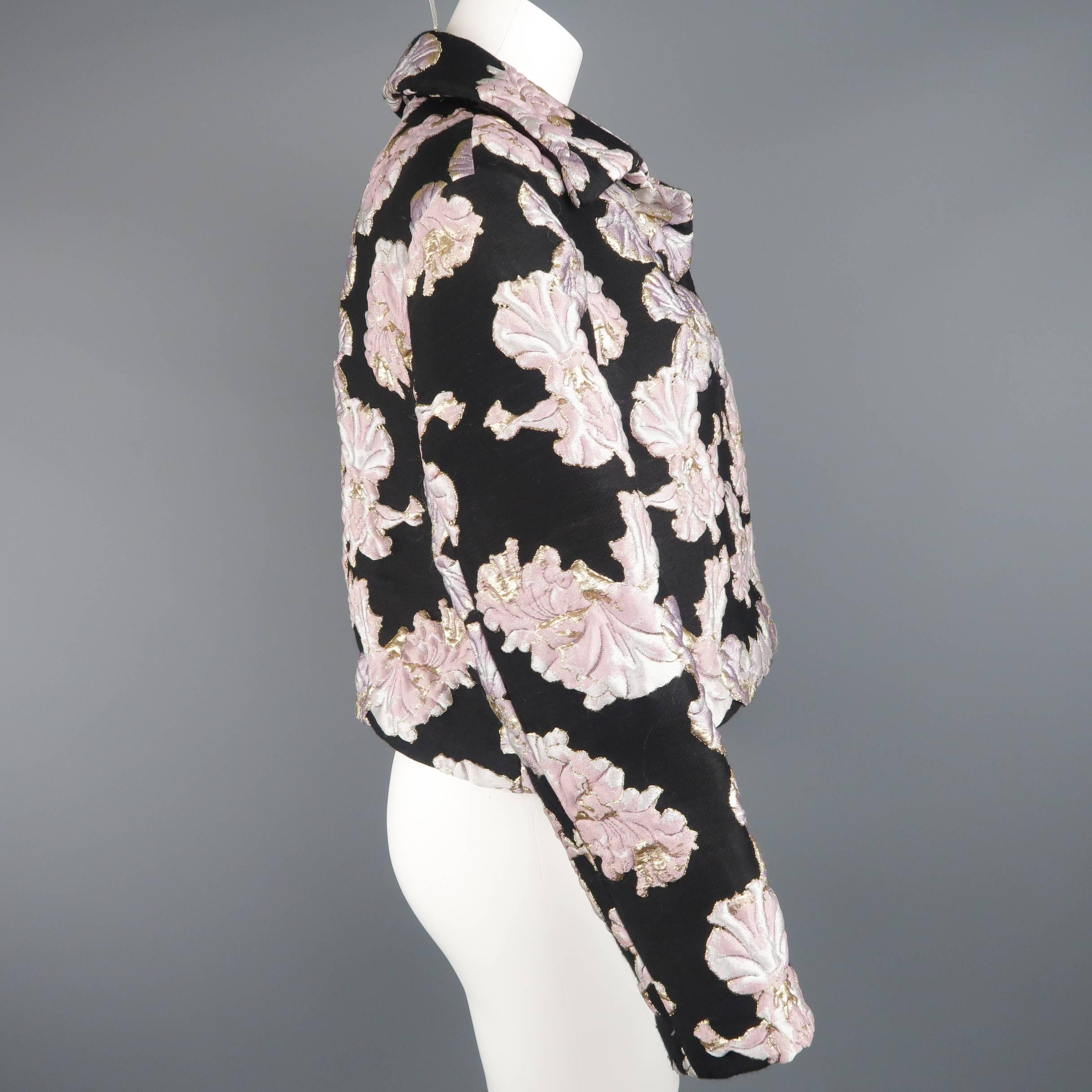 FRANCESCO SCOGNAMIGLIO Size 2 Black & Pink FLoral Brocade Silk Blend Crop Jacket In Excellent Condition In San Francisco, CA