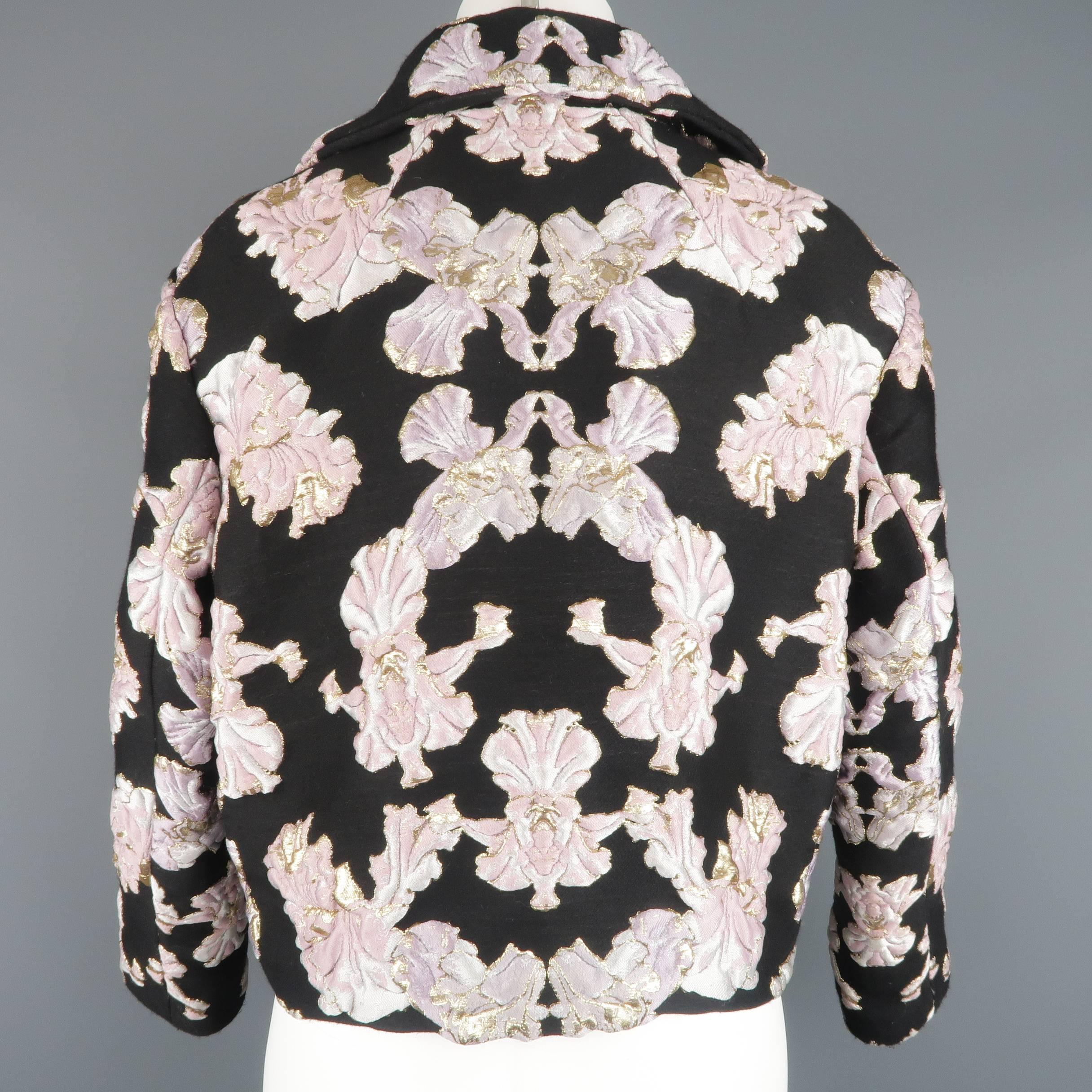 Women's FRANCESCO SCOGNAMIGLIO Size 2 Black & Pink FLoral Brocade Silk Blend Crop Jacket