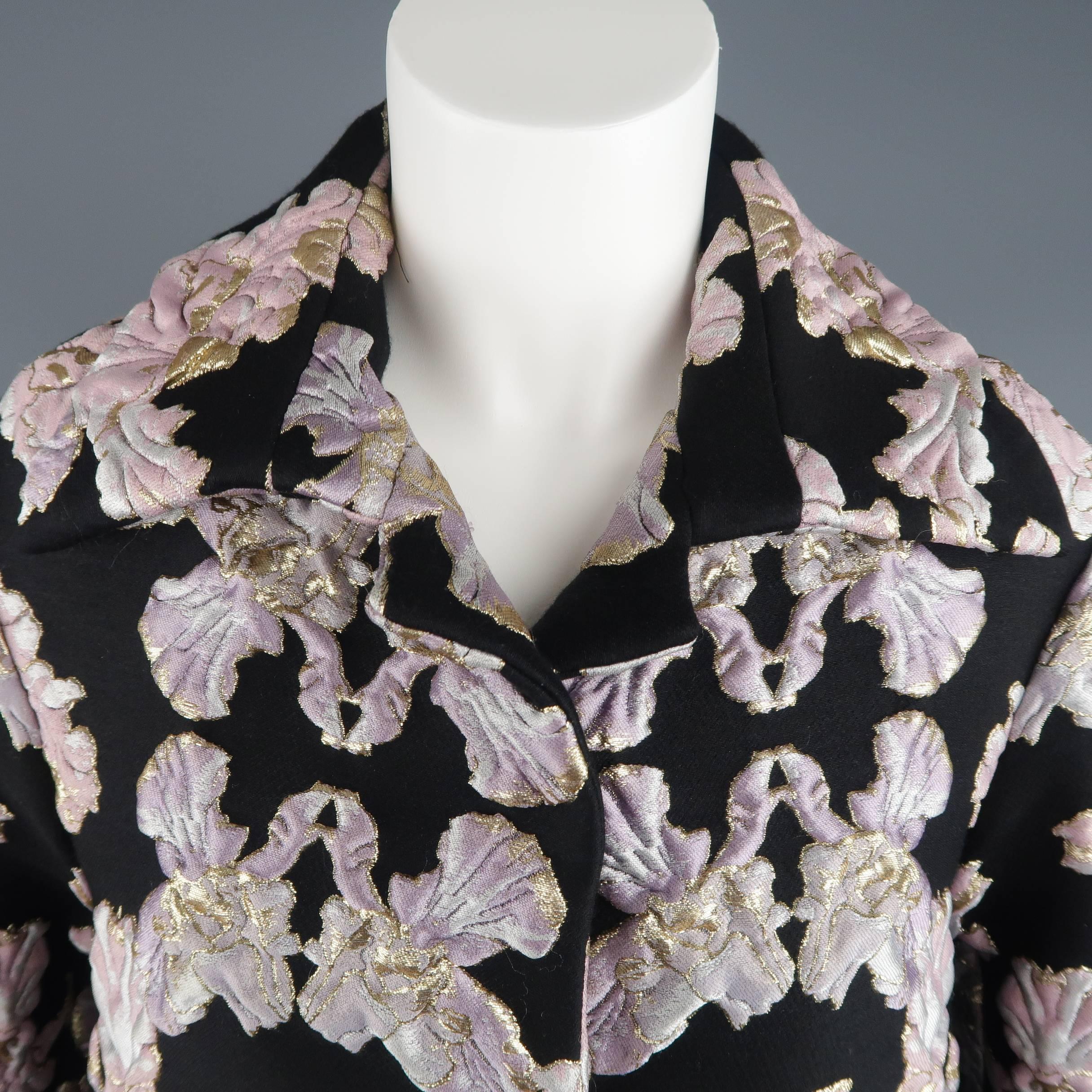 Gray FRANCESCO SCOGNAMIGLIO Size 2 Black & Pink FLoral Brocade Silk Blend Crop Jacket