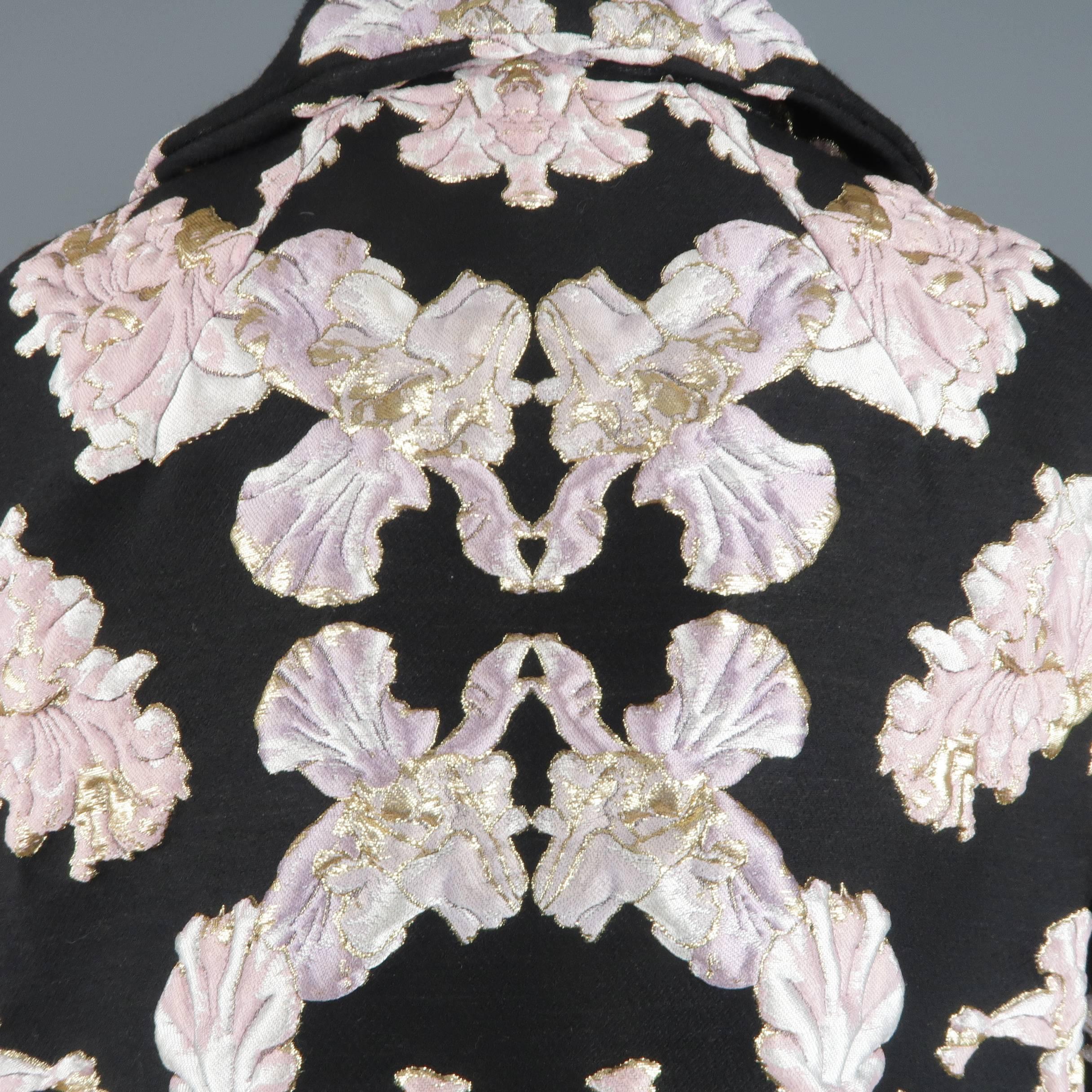 FRANCESCO SCOGNAMIGLIO Size 2 Black & Pink FLoral Brocade Silk Blend Crop Jacket 1