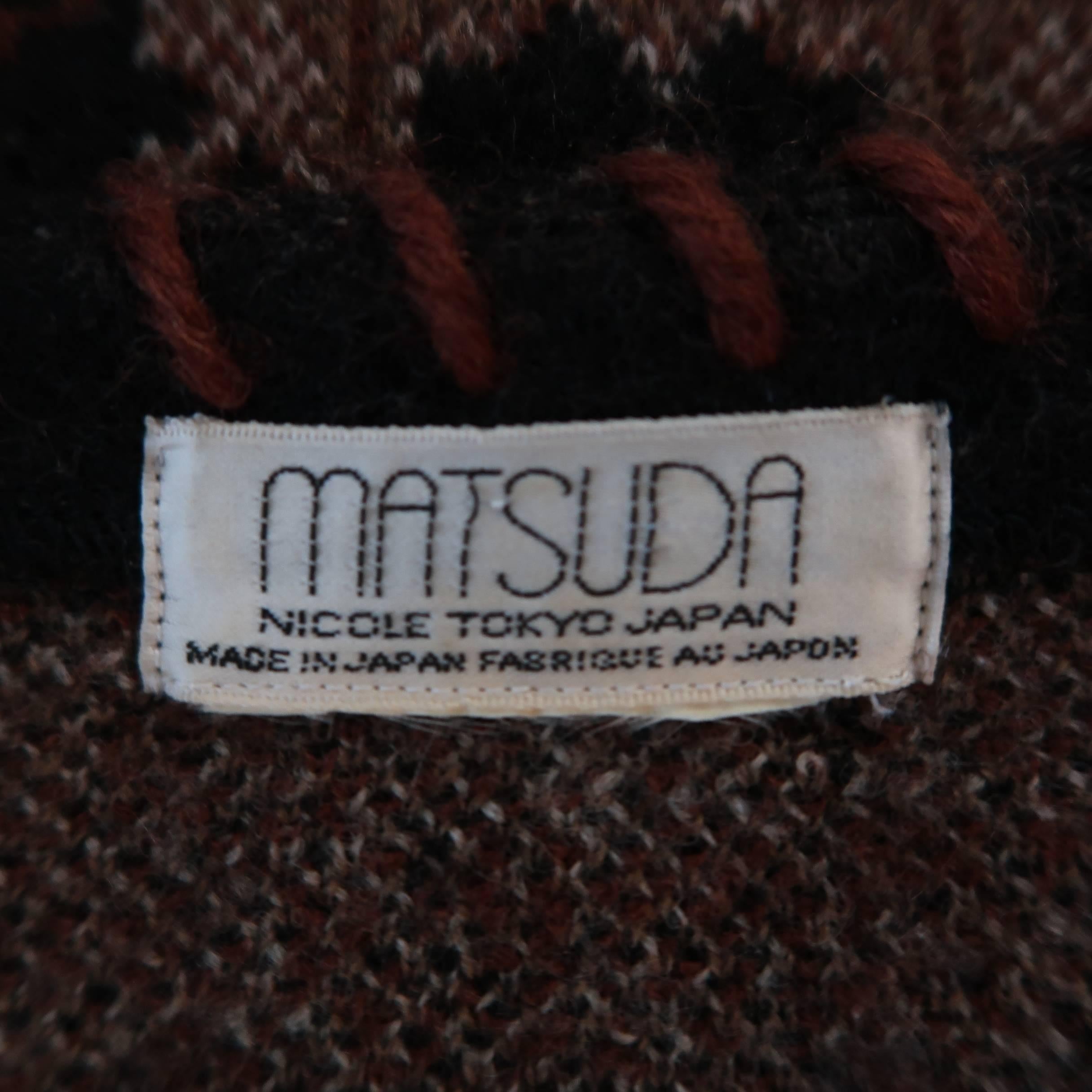 Women's Vintage MATSUDA Size M Grey & Brown Fair Isle Whipstitch Sweater