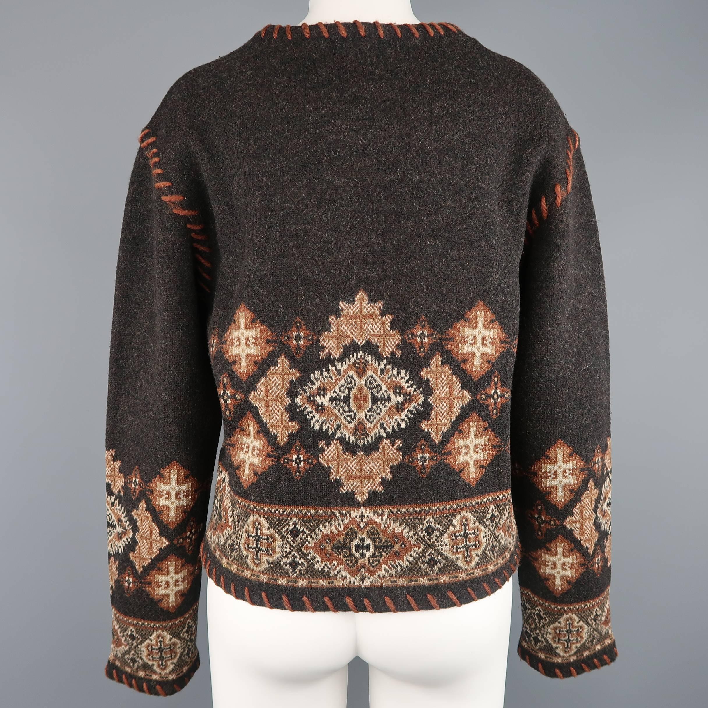 Vintage MATSUDA Size M Grey & Brown Fair Isle Whipstitch Sweater In Good Condition In San Francisco, CA