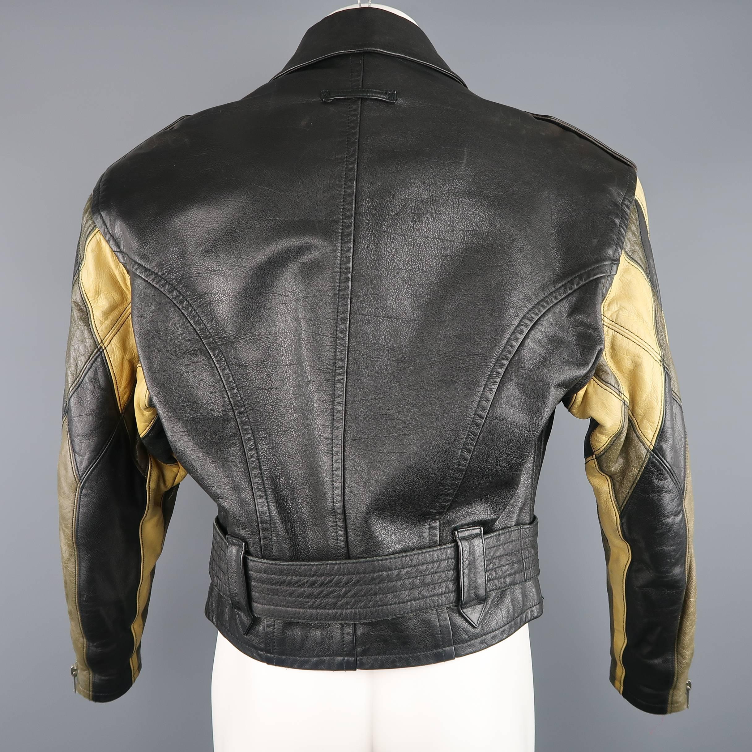 JEAN PAUL GAULTIER 42 Black & Beige Leather Harlequin Sleeve Biker Jacket 3