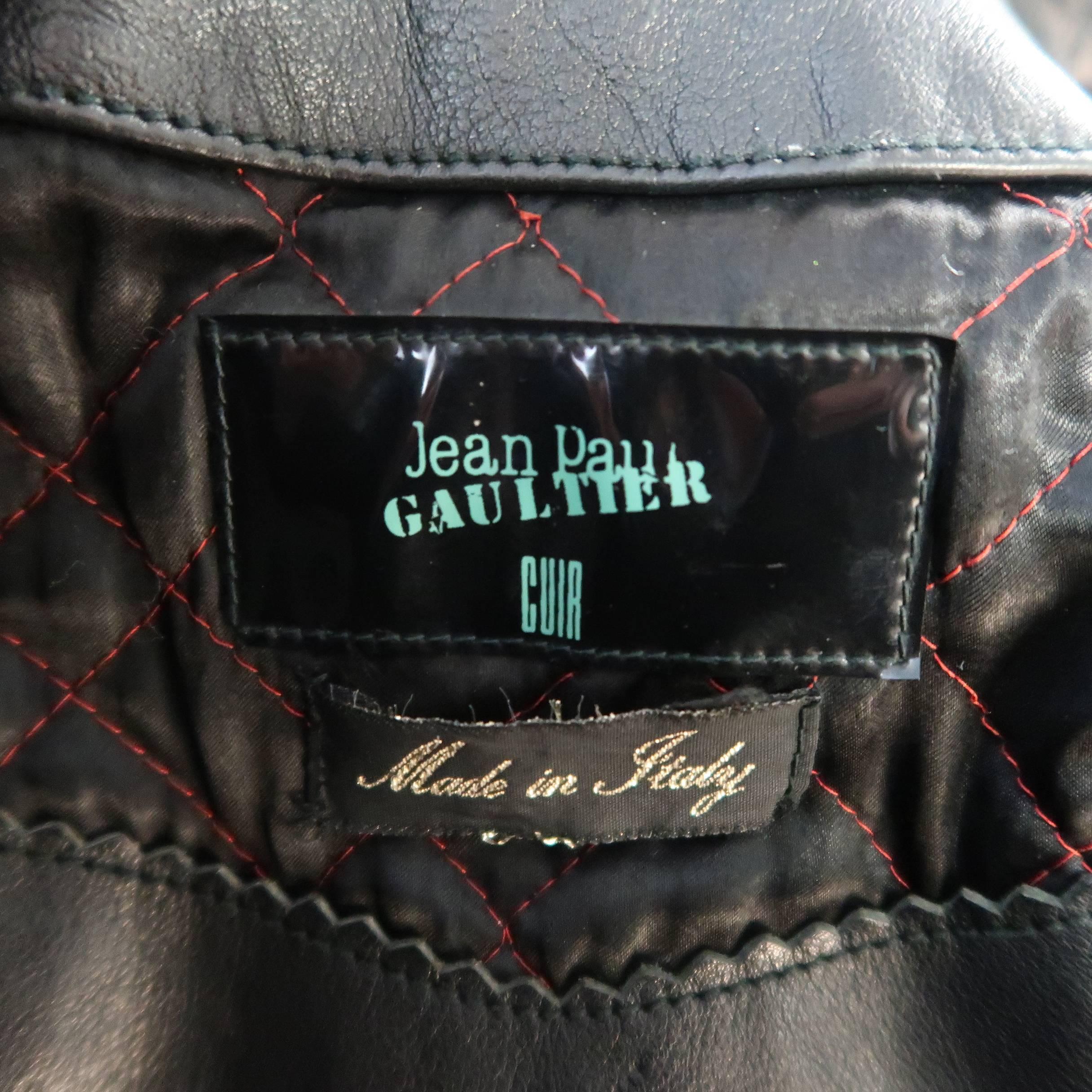 JEAN PAUL GAULTIER 42 Black & Beige Leather Harlequin Sleeve Biker Jacket 5