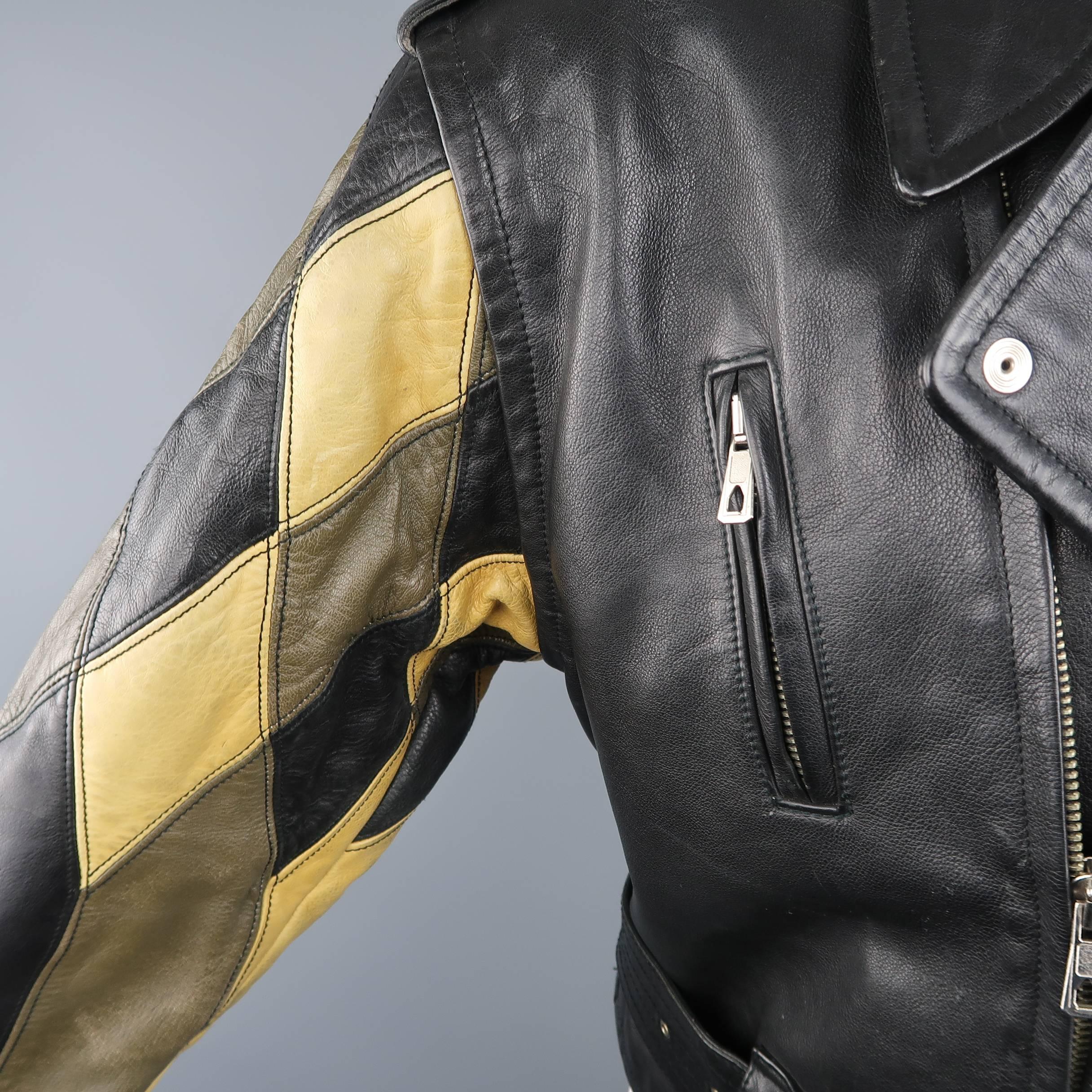 JEAN PAUL GAULTIER 42 Black & Beige Leather Harlequin Sleeve Biker Jacket In Fair Condition In San Francisco, CA
