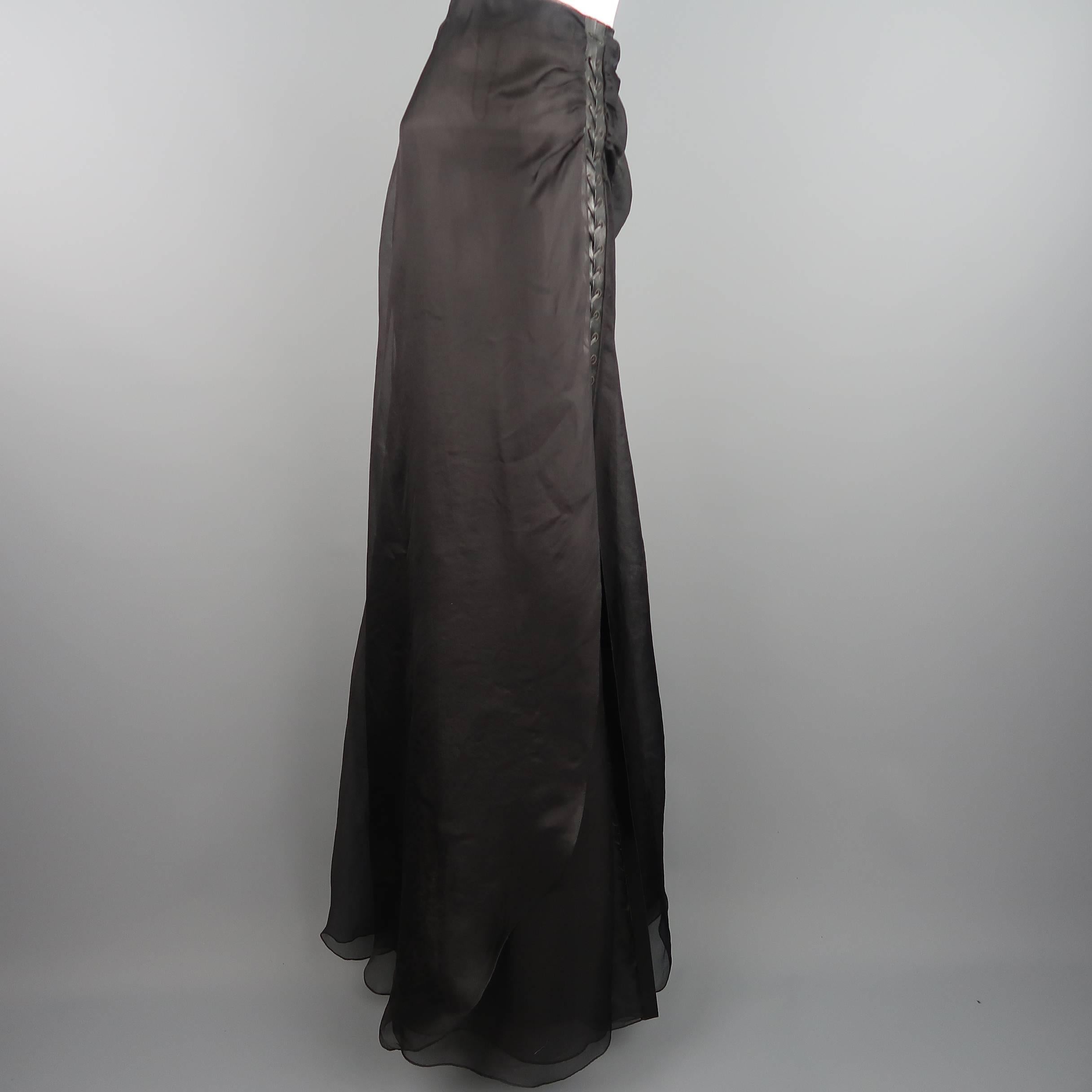 Ralph Lauren Black Silk Layered Mesh Leather Lace Up Slit Skirt 2
