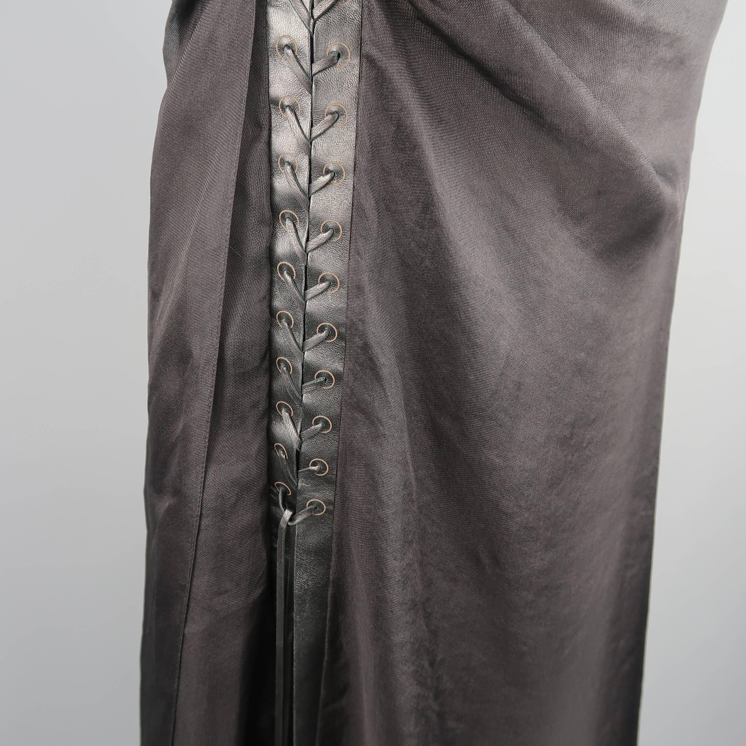 Women's Ralph Lauren Black Silk Layered Mesh Leather Lace Up Slit Skirt
