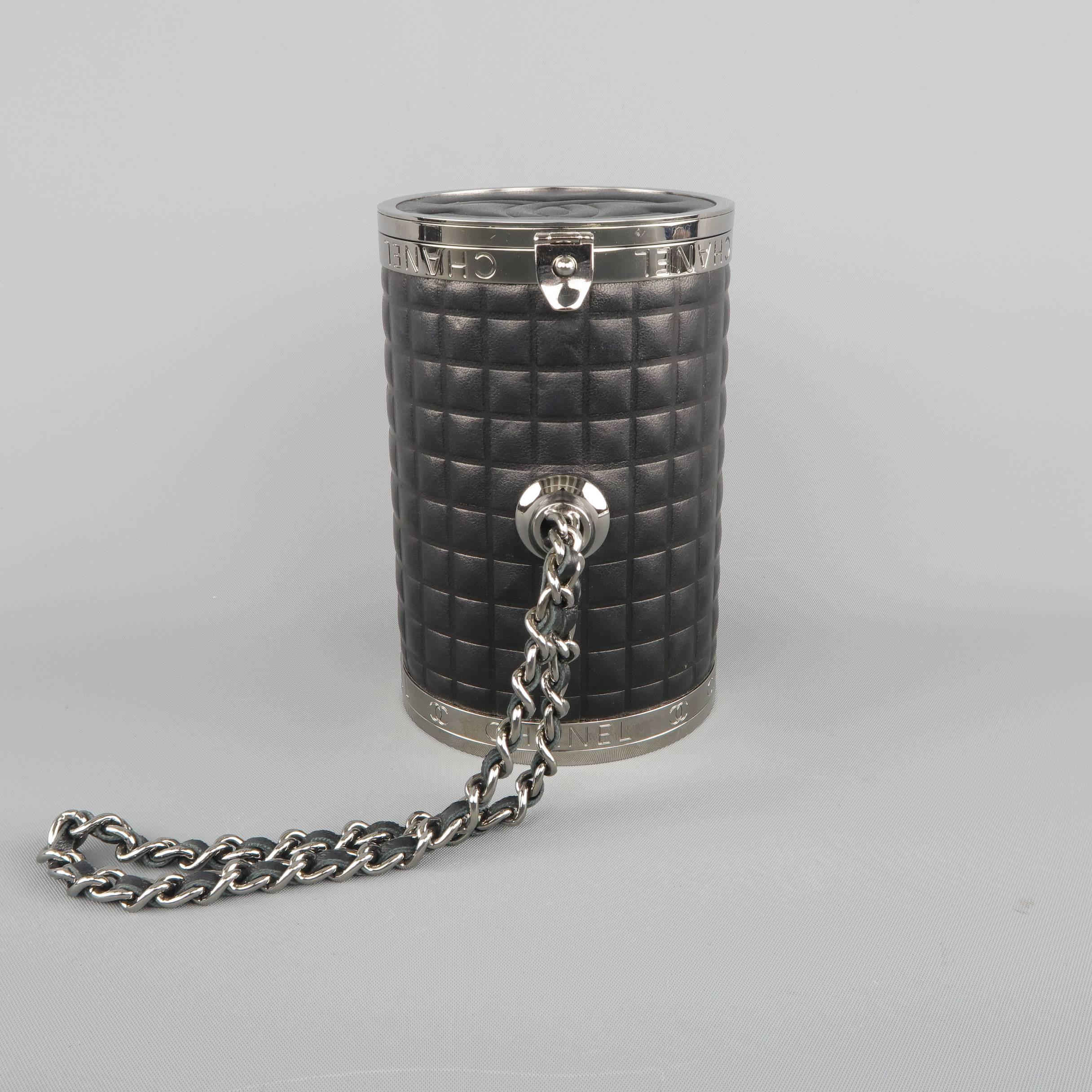 Women's Chanel Black Embossed Leather and Metal Cylinder Chain Wristlet Handbag 