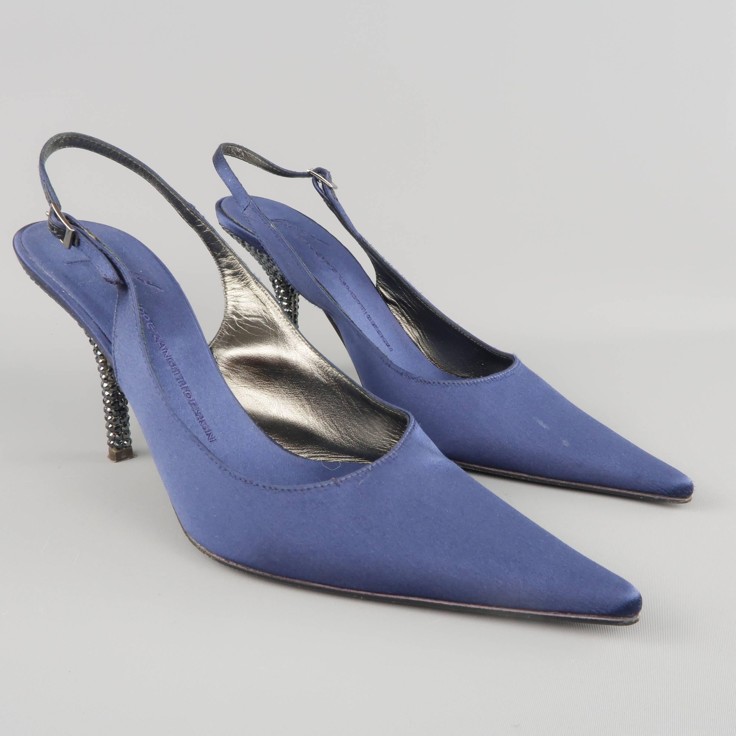 GIUSEPPE ZANOTTI slingback evening pumps come in navy blue silk satin covered leather and feature a pointed toe, and rhinestone studded stiletto heel. Made in Italy.
 
Good Pre-Owned Condition.
Marked: 10 B
 
Heel: 4 in.

SKU: 87047