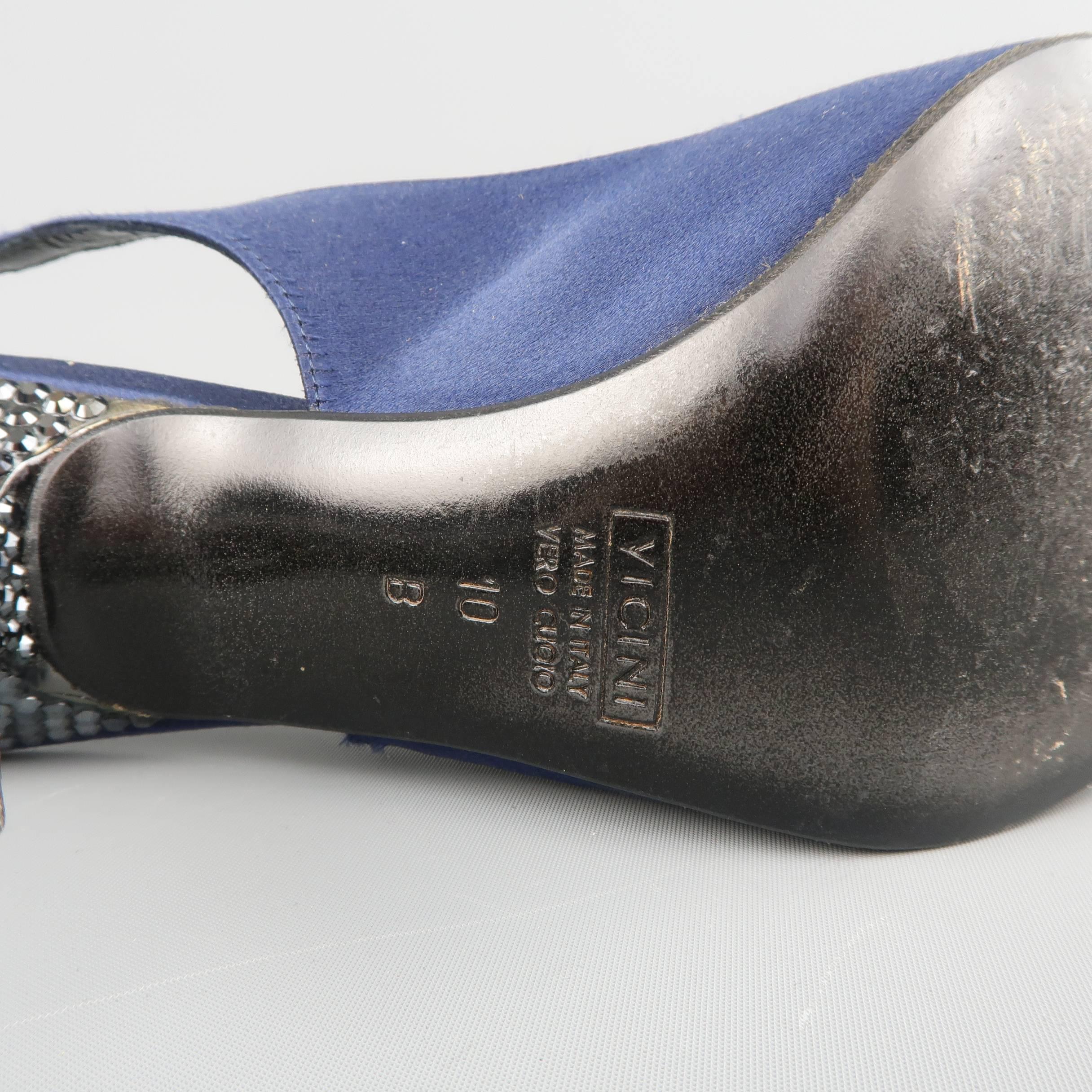 Women's Giuseppe Zannotti Size 10 Navy Silk Rhinestone Heel Pointed Slingback Pumps