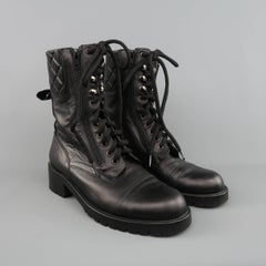 CHANEL Size 10 Quilted Black Leather Zip Lace Up Military Combat Boots