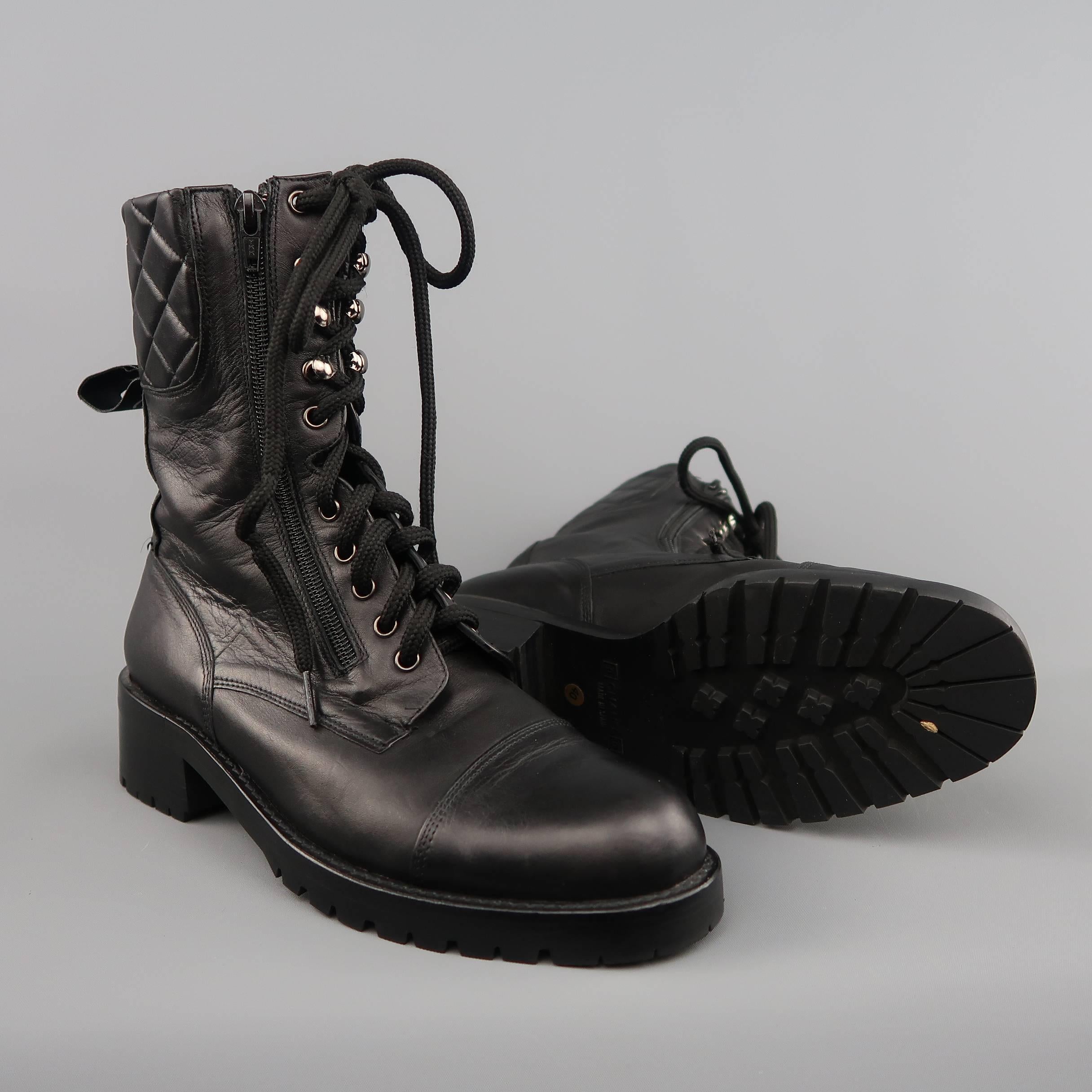 CHANEL Size 10 Quilted Black Leather Zip Lace Up Military Combat Boots In Excellent Condition In San Francisco, CA
