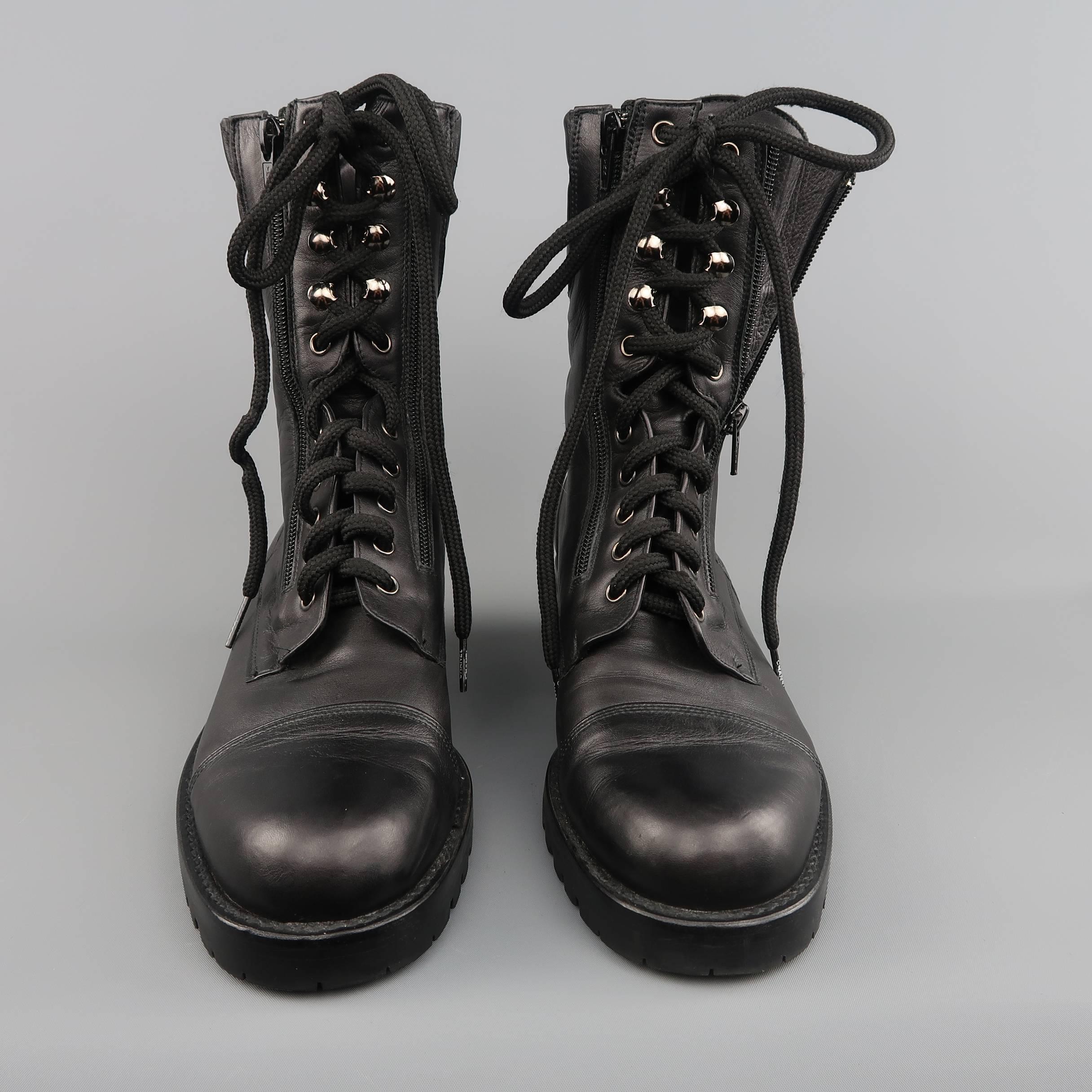 Women's CHANEL Size 10 Quilted Black Leather Zip Lace Up Military Combat Boots